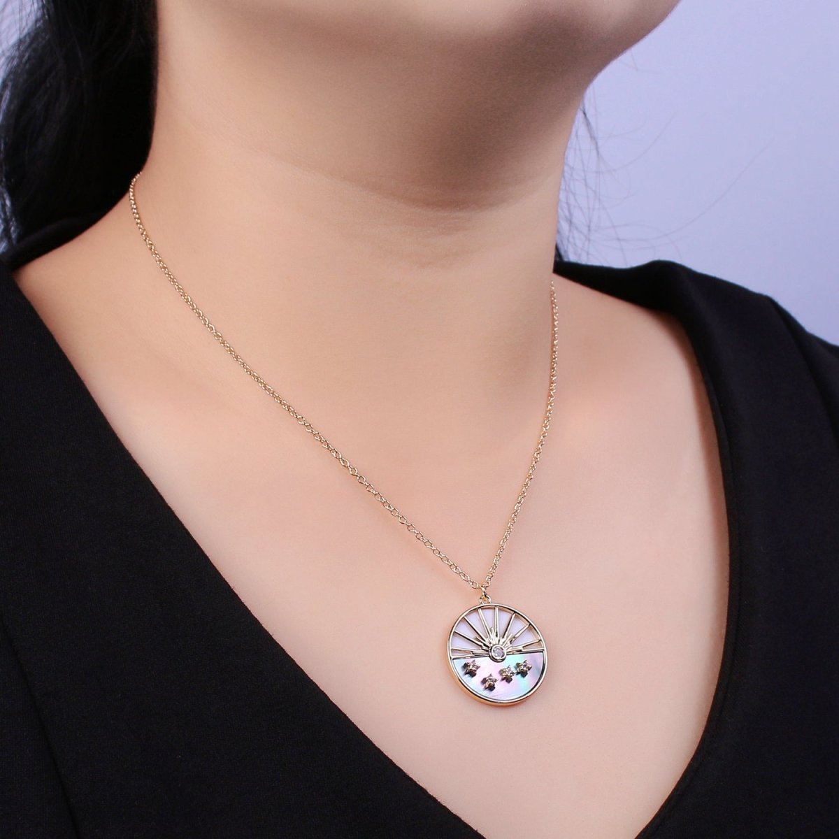 Celestial Sun Star CZ Abalone 16 Inch Cable Chain Necklace w. 2 Inch Extender | WA-598 - DLUXCA