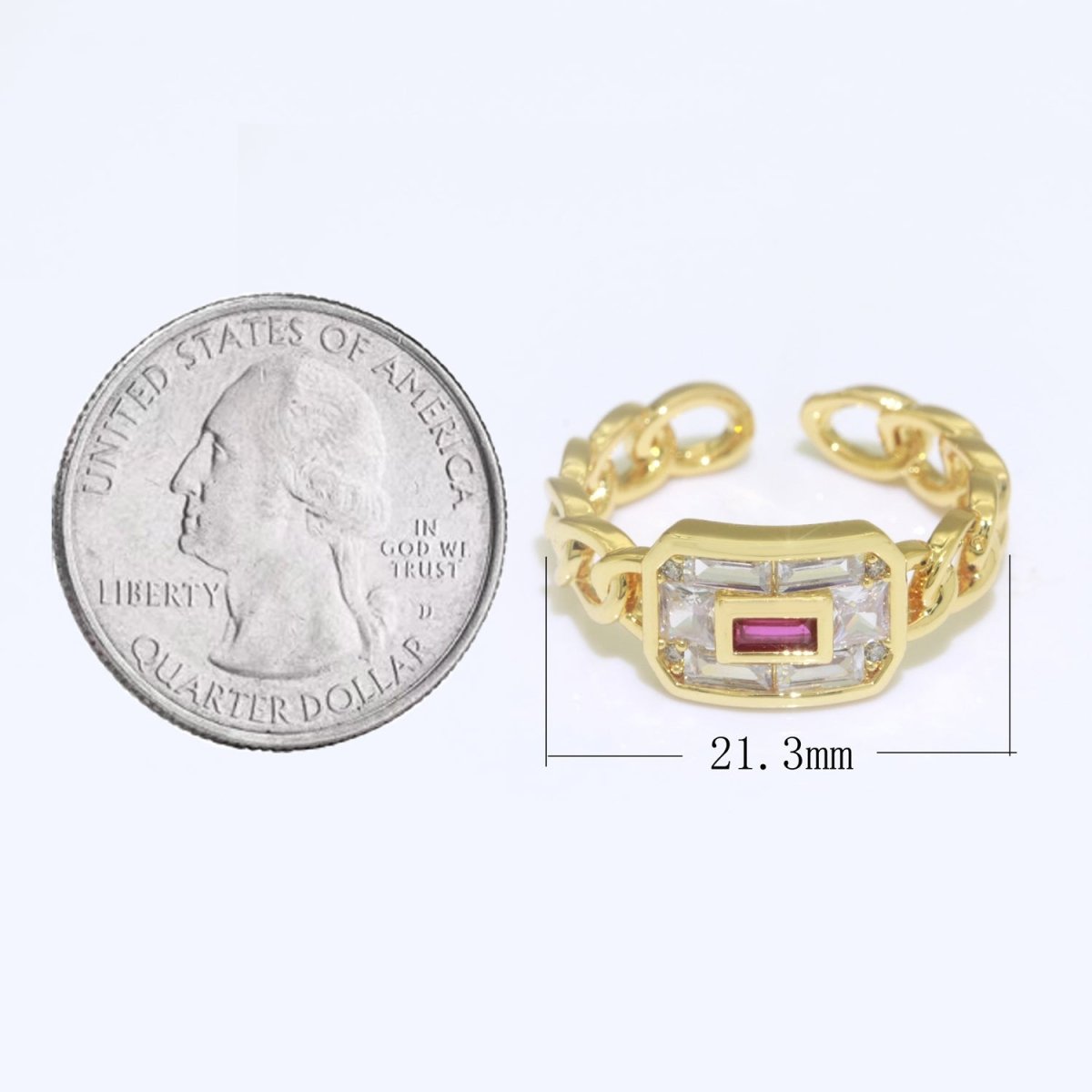 Chain Ring Chunky Curb Chain Ring Statement Gold Stackable Rings Cocktail Ring Blue, Pink, Green Cz Stone S-135 ~ S-137 - DLUXCA