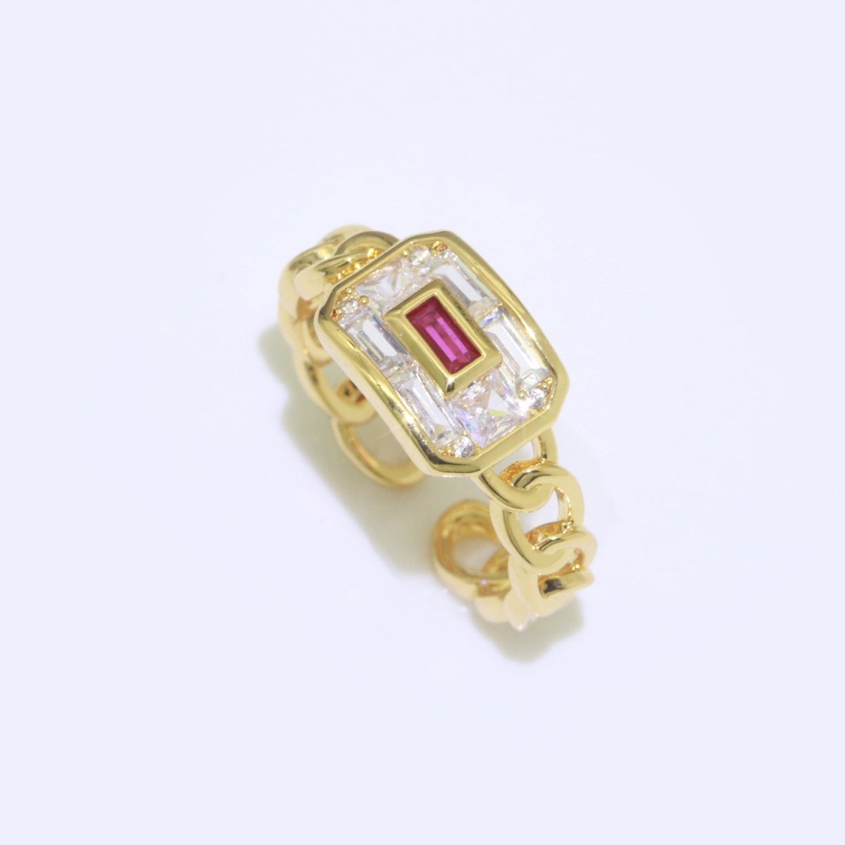 Chain Ring Chunky Curb Chain Ring Statement Gold Stackable Rings Cocktail Ring Blue, Pink, Green Cz Stone S-135 ~ S-137 - DLUXCA