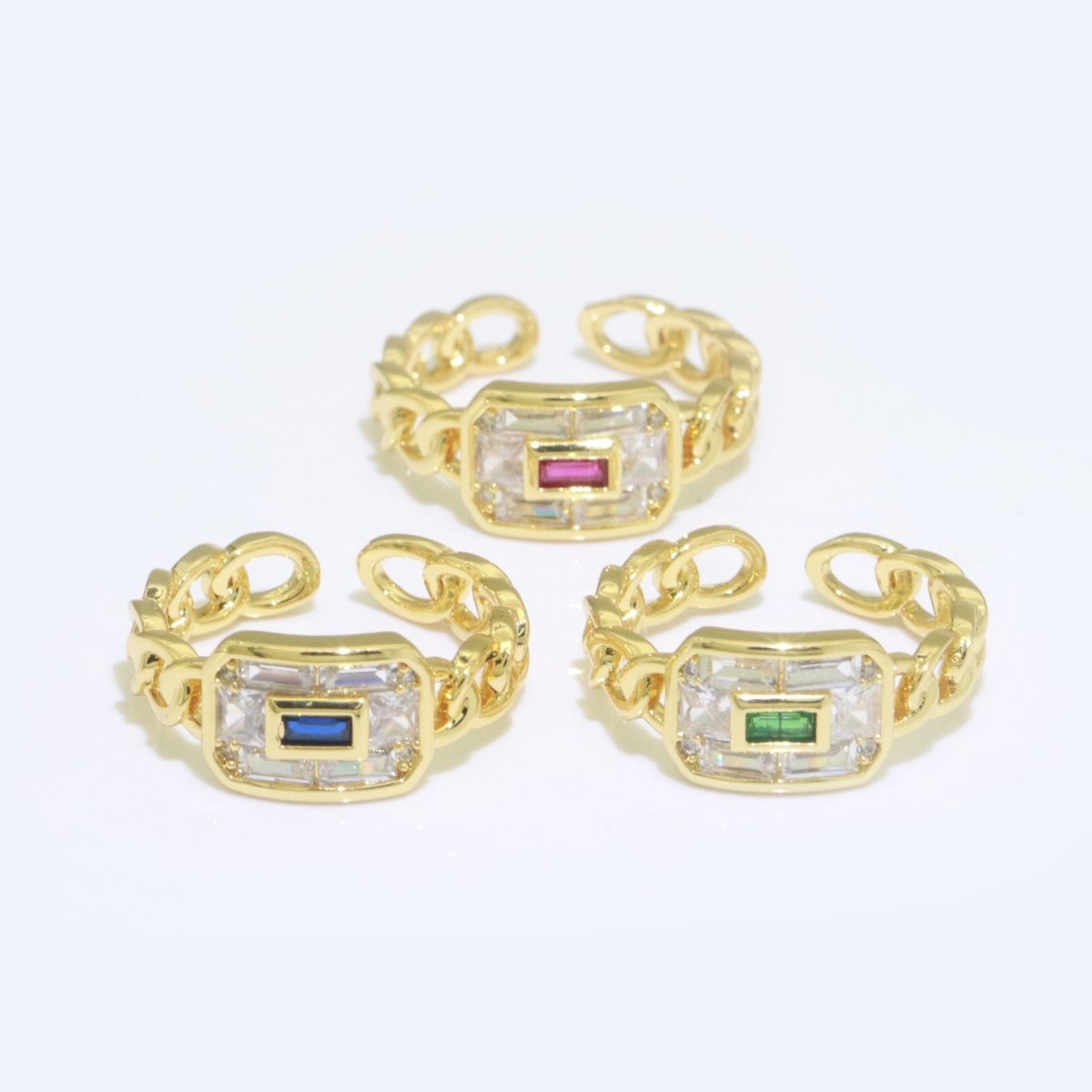 Chain Ring Chunky Curb Chain Ring Statement Gold Stackable Rings Cocktail Ring Blue, Pink, Green Cz Stone S-135 ~ S-137 - DLUXCA