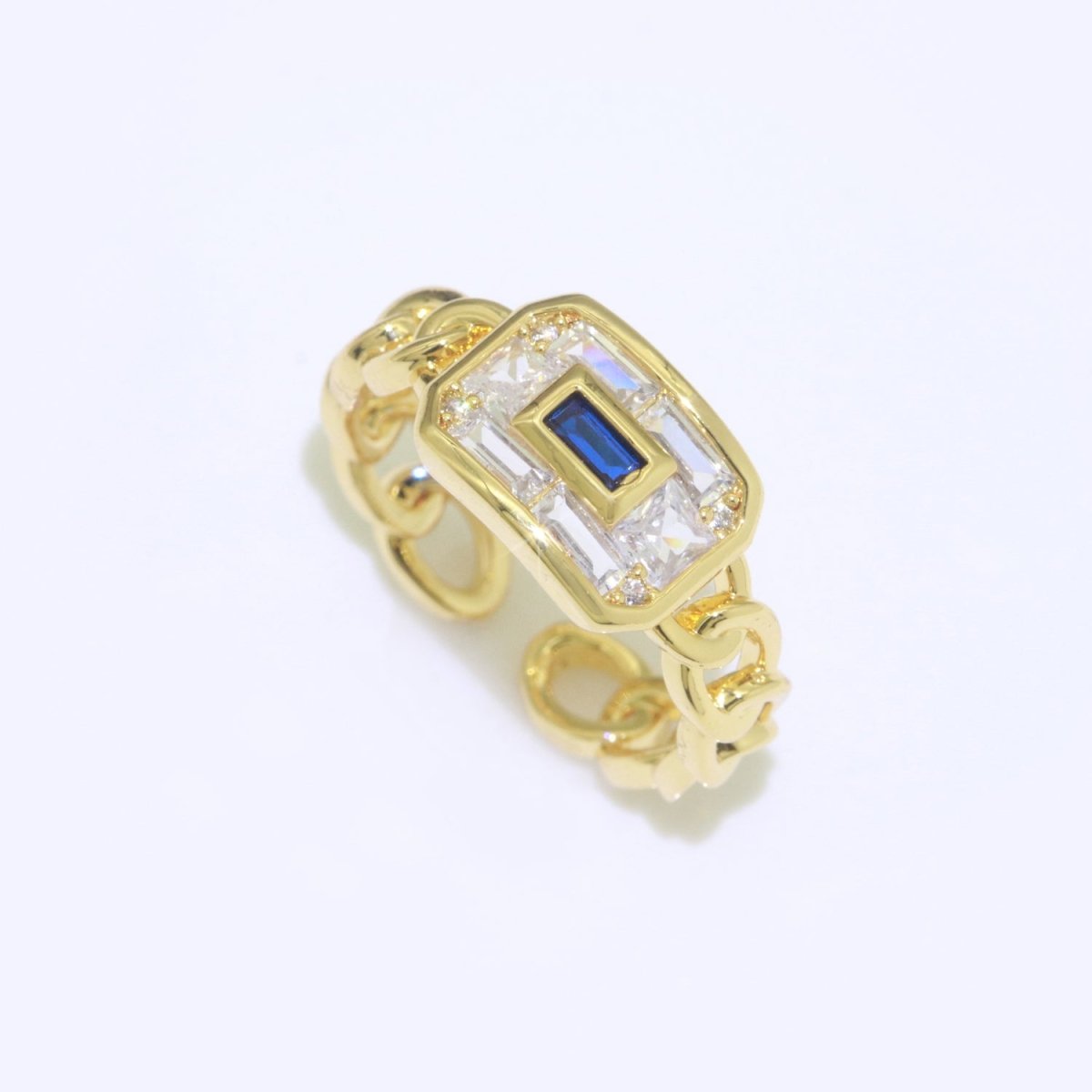 Chain Ring Chunky Curb Chain Ring Statement Gold Stackable Rings Cocktail Ring Blue, Pink, Green Cz Stone S-135 ~ S-137 - DLUXCA