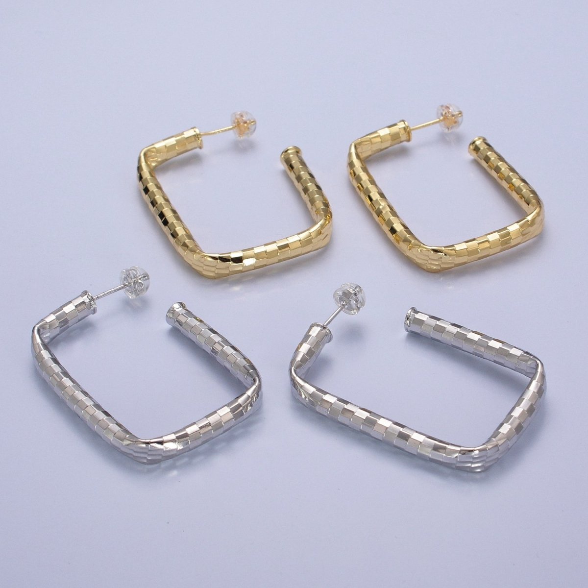 Checkered Hoop Earrings, Minimalist Gold Hoop Earrings, Stylish Silver Rectangle Hoop Earring T-409 T-410 - DLUXCA