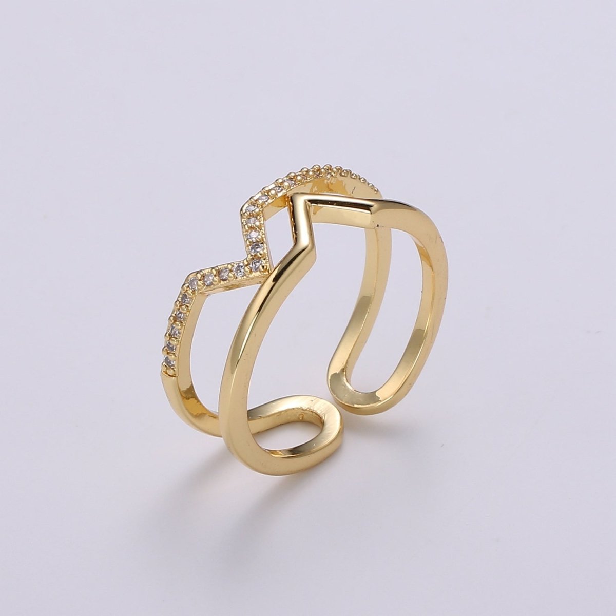 Chevron Open Ring, Dual Band Ring Adjustable Ring Cubic Pave 24K Gold Plated Ring CZ Pendant Double Ring, Dainty ring Charm, R-436 - DLUXCA