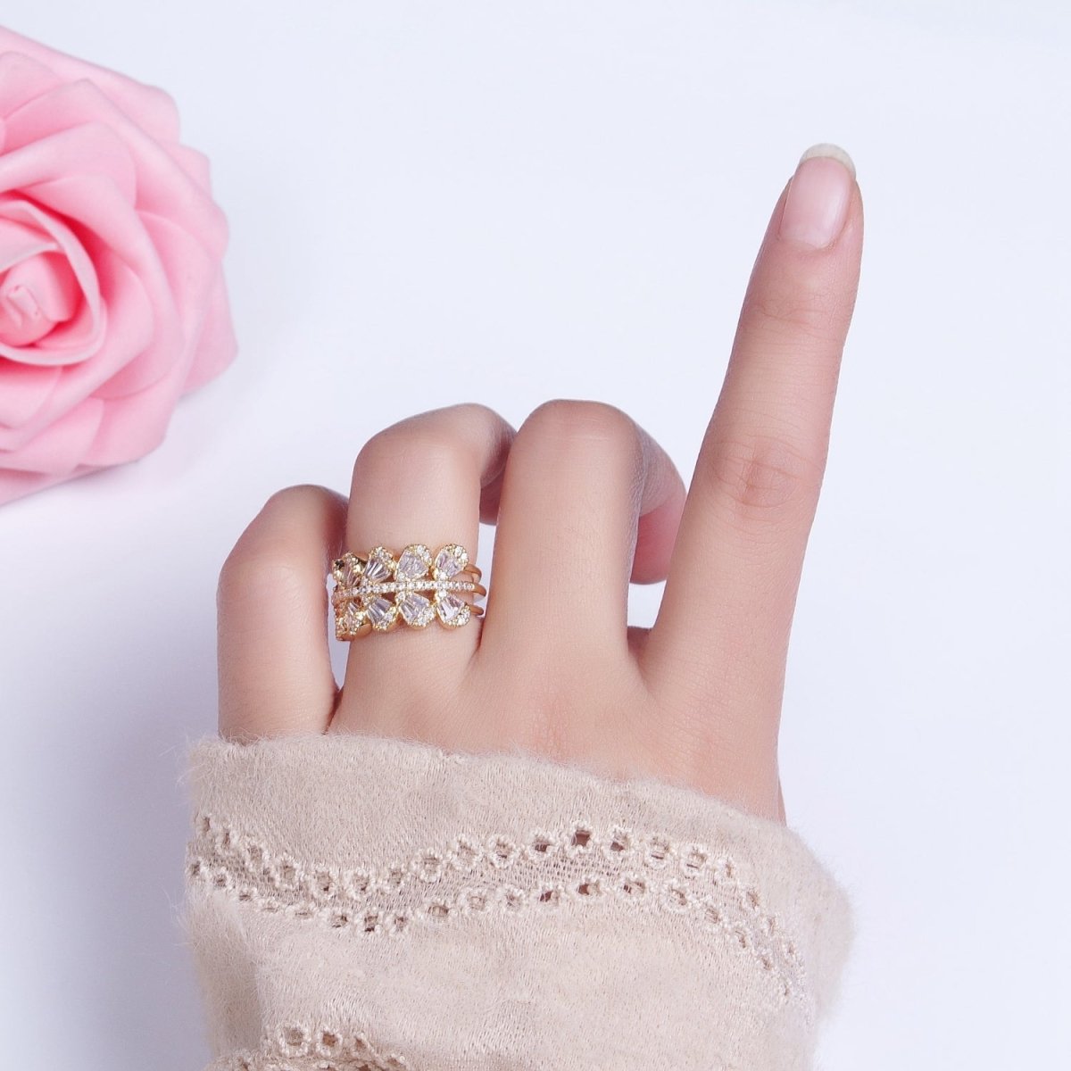 Chunky Baguette CZ Leaf Ring in Gold Filled for Stackable Jewelry Ring O-1551 O-1552 - DLUXCA