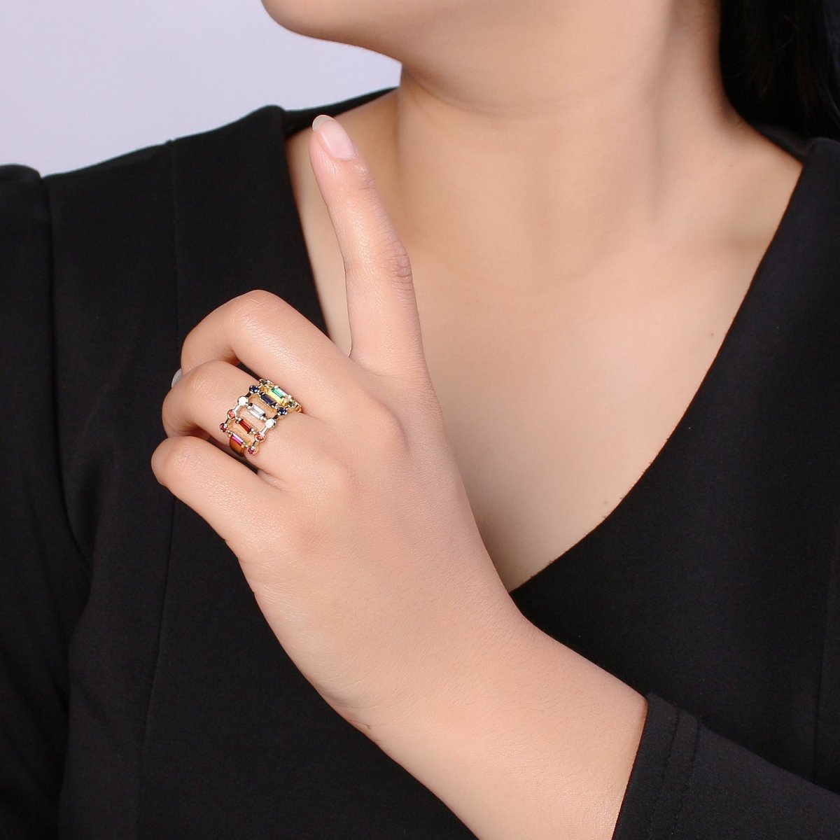 Chunky Baguette Ring, Rainbow Gold Baguette Ring, Colorful Baguette Ring, Multi Color Adjustable Ring, EVeryday Wear Women Ring O-296 - DLUXCA