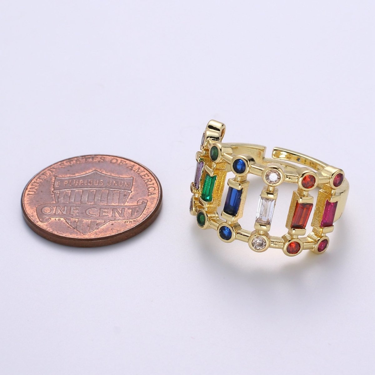 Chunky Baguette Ring, Rainbow Gold Baguette Ring, Colorful Baguette Ring, Multi Color Adjustable Ring, EVeryday Wear Women Ring O-296 - DLUXCA