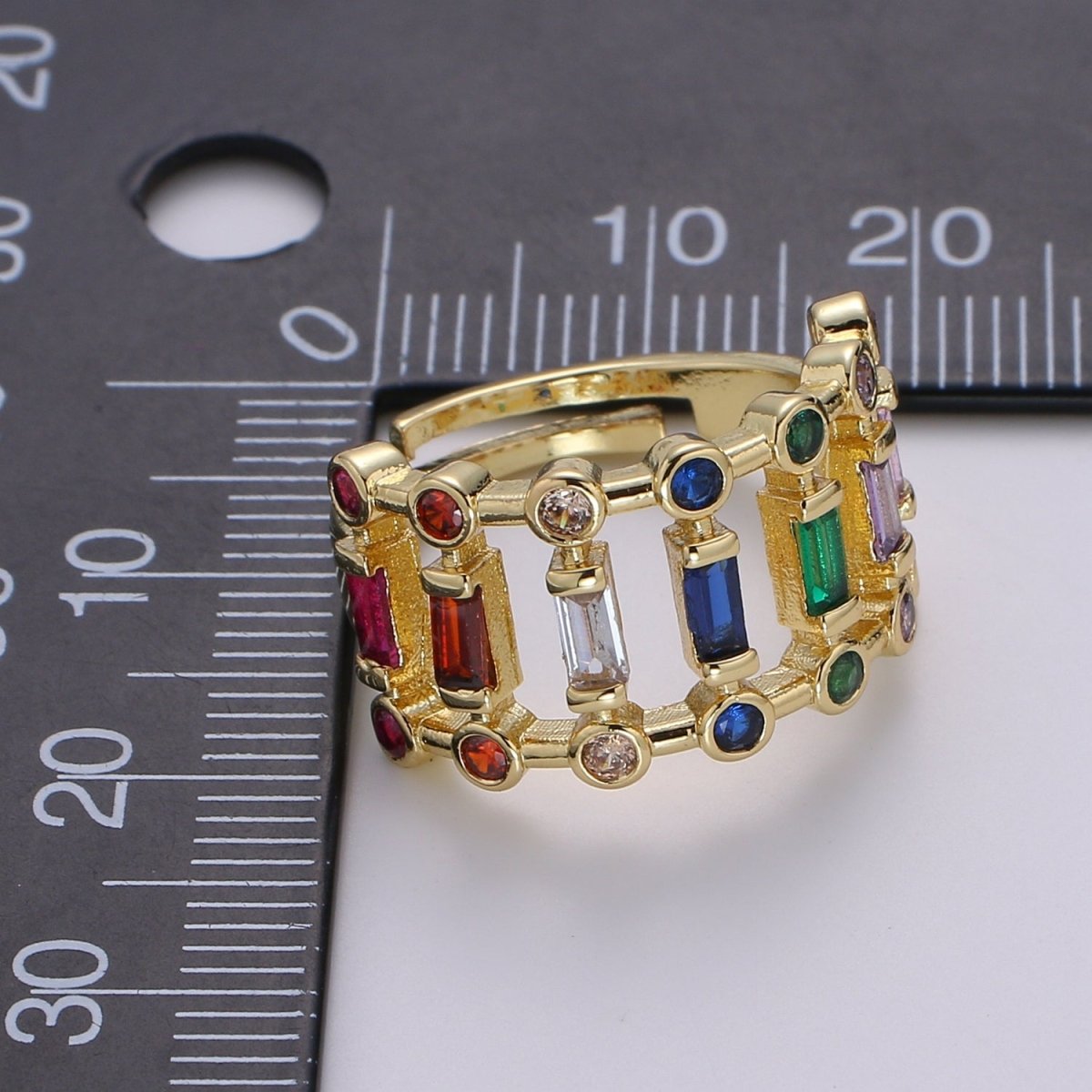 Chunky Baguette Ring, Rainbow Gold Baguette Ring, Colorful Baguette Ring, Multi Color Adjustable Ring, EVeryday Wear Women Ring O-296 - DLUXCA