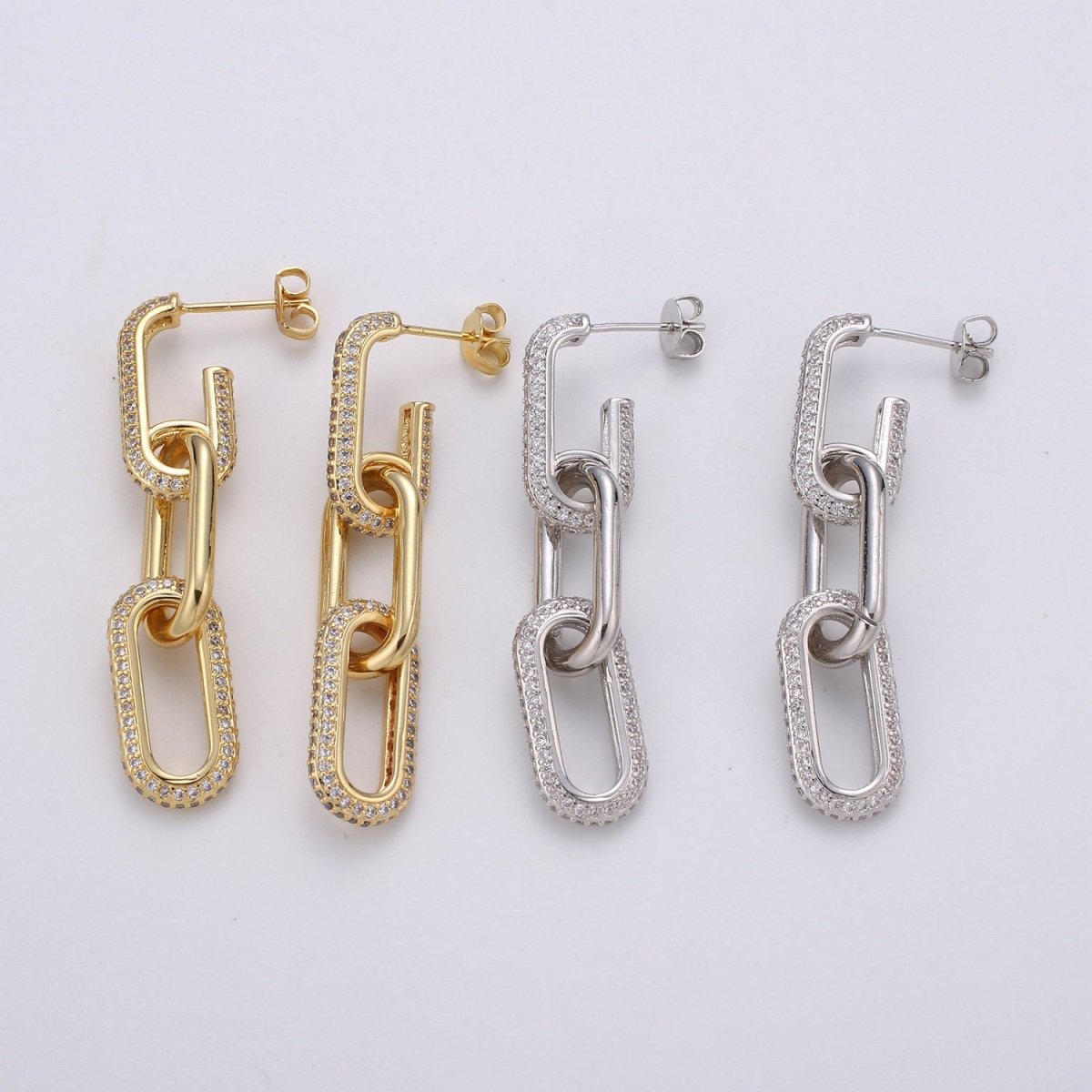 Chunky Chain Link Earrings, Gold Link Earrings, Gold Drop Earrings, Gold Dangle Earrings, 24k Gold Filled Earrings, Micro Pave CZ Earrings K-579 K-580 - DLUXCA