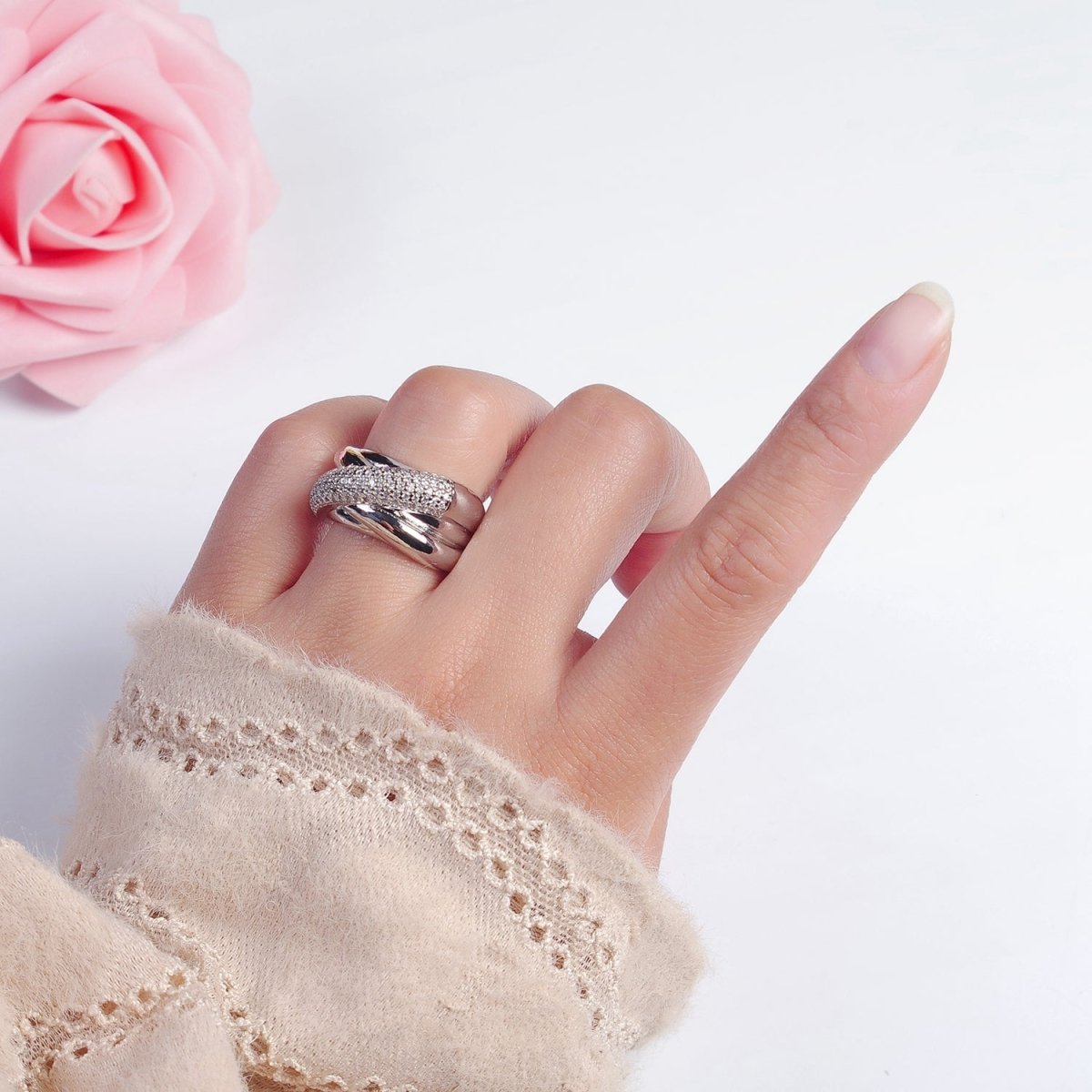 Chunky Criss Cross CZ Ring in 24k Gold Filled For Statement Jewelry O-2116 O-2117 - DLUXCA