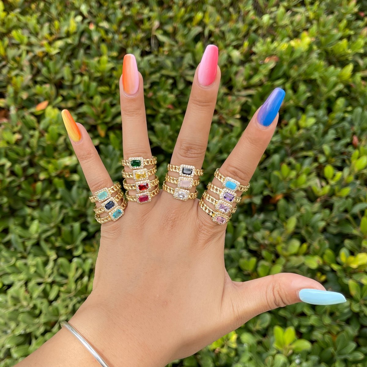 Chunky Cuban Chain Cocktail Ring with Color Cubic Zirconia Stone Statement Jewelry O-411 ~ O-424 - DLUXCA