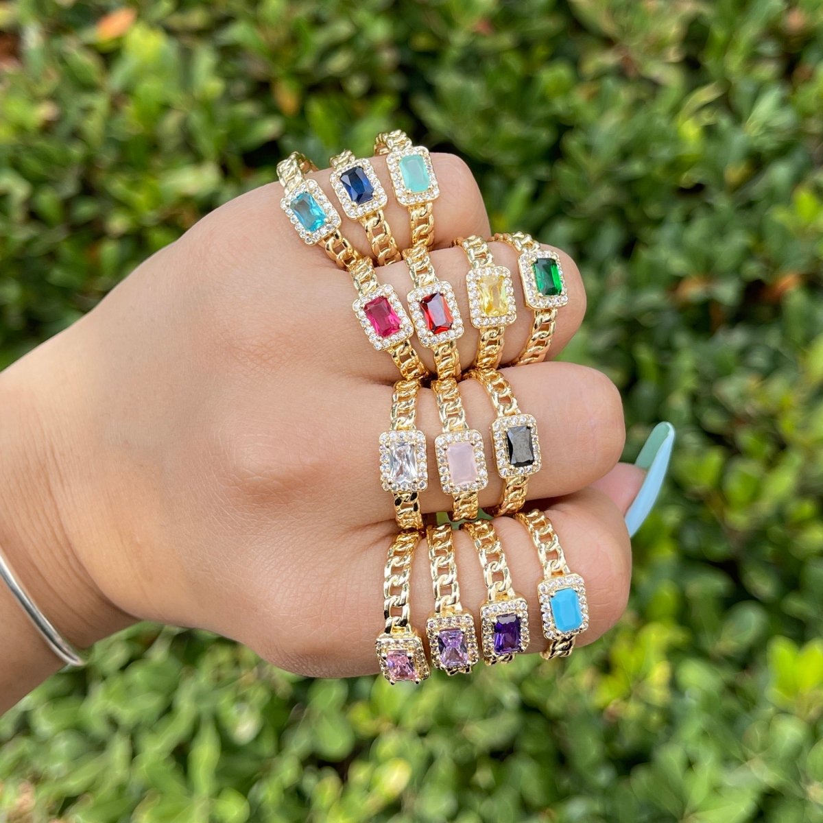 Chunky Cuban Chain Cocktail Ring with Color Cubic Zirconia Stone Statement Jewelry O-411 ~ O-424 - DLUXCA