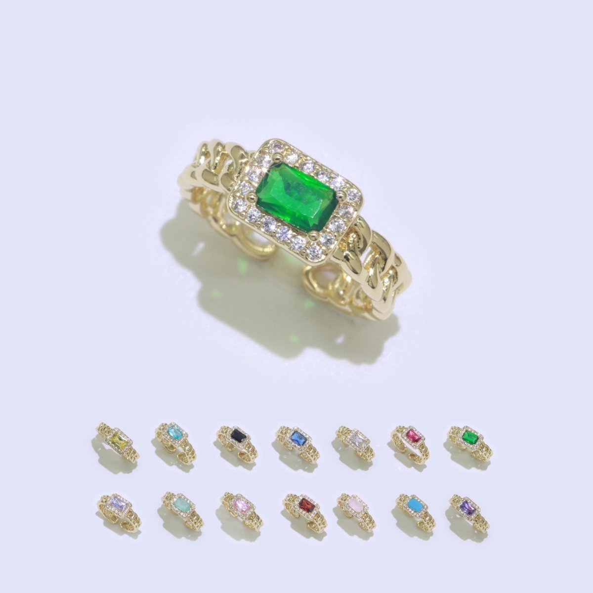 Chunky Cuban Chain Cocktail Ring with Color Cubic Zirconia Stone Statement Jewelry O-411 ~ O-424 - DLUXCA