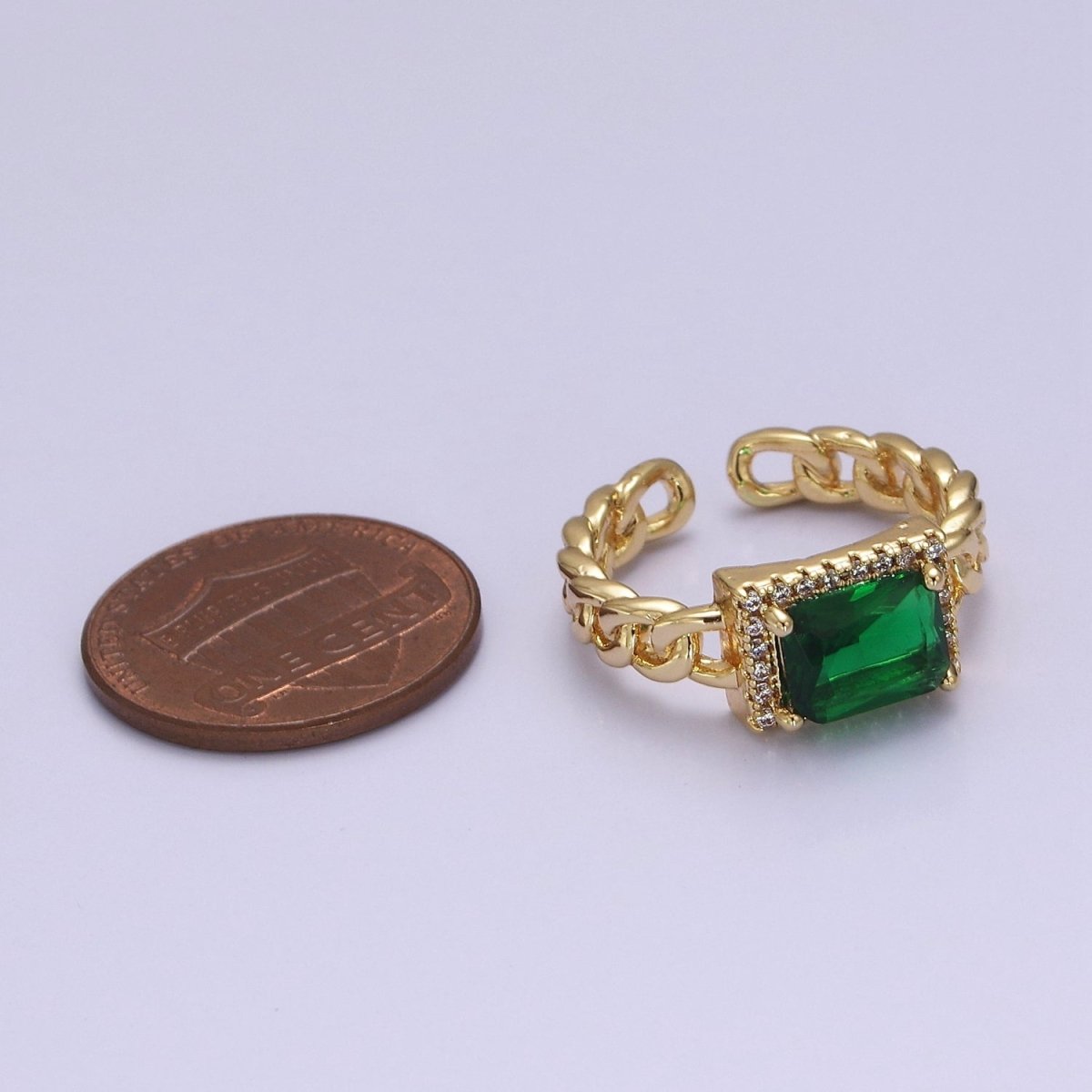 Chunky Emerald Green Cz Stone Ring in 18k Gold Filled Curb Chain Link Band Open Adjustable O-2080 - DLUXCA