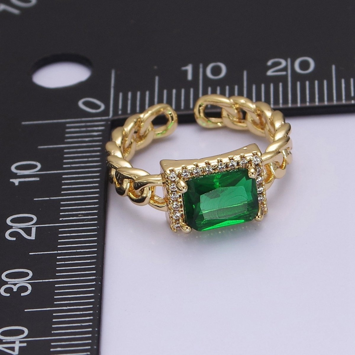 Chunky Emerald Green Cz Stone Ring in 18k Gold Filled Curb Chain Link Band Open Adjustable O-2080 - DLUXCA