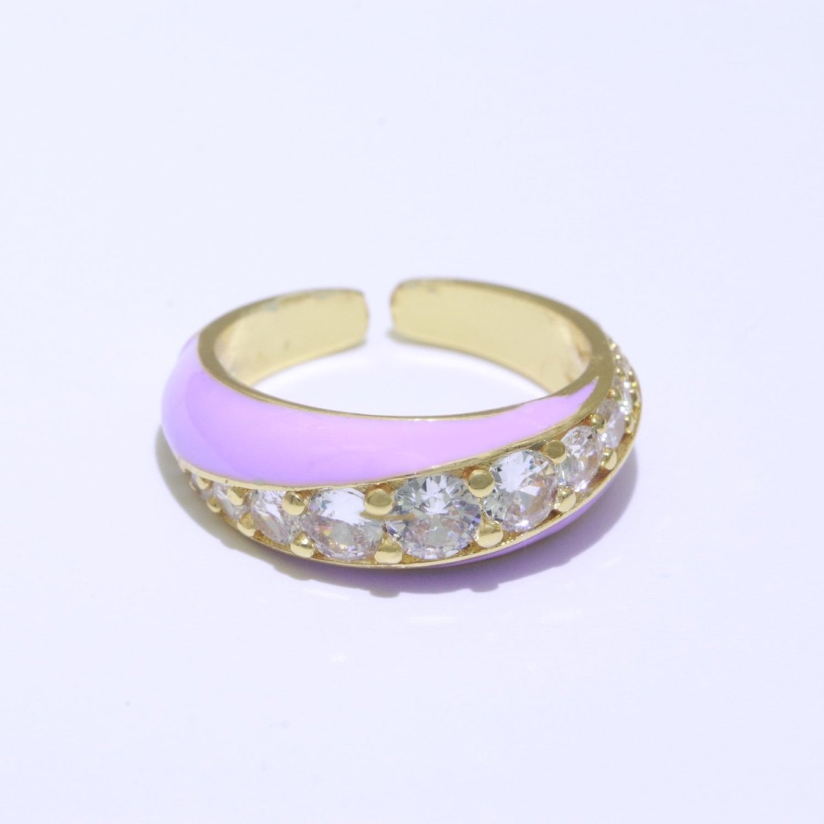 Chunky Enamel Ring | Gold Filled Band Pastel Color Ring | Cubic Zirconia Stacking Open Ring Adjustable O-494 ~ O-503 - DLUXCA
