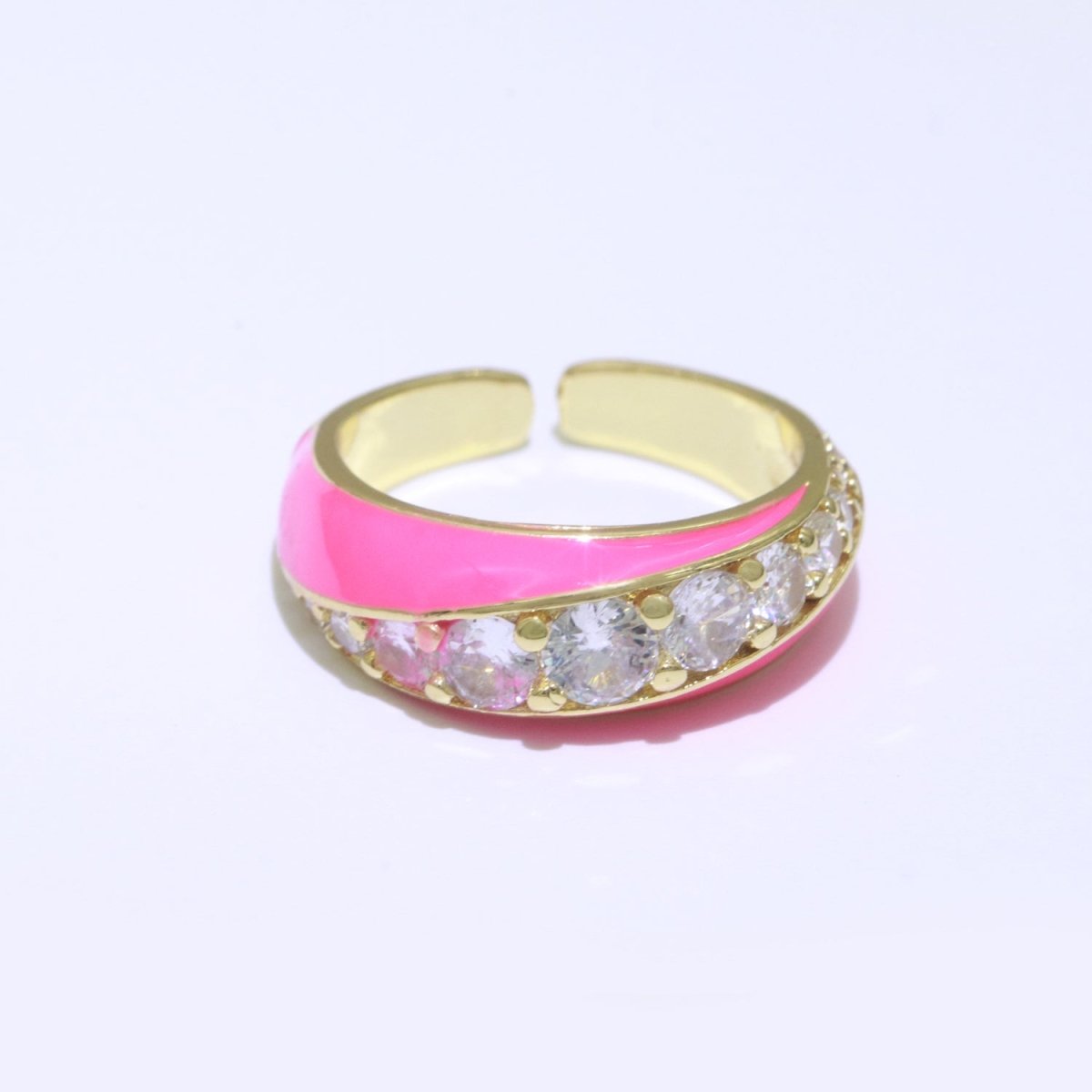 Chunky Enamel Ring | Gold Filled Band Pastel Color Ring | Cubic Zirconia Stacking Open Ring Adjustable O-494 ~ O-503 - DLUXCA