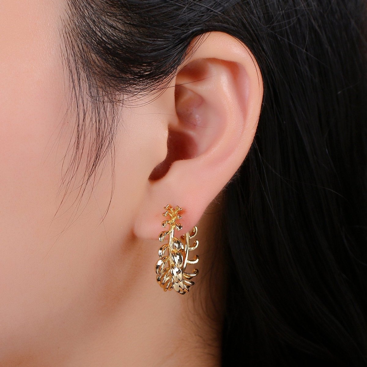 Chunky Feather Hoop Earrings Vermeil Hoops Earrings Feather Earrings Gold Feather Earrings Gift Bird Earrings Protection Earring Jewelry Q-283 - DLUXCA