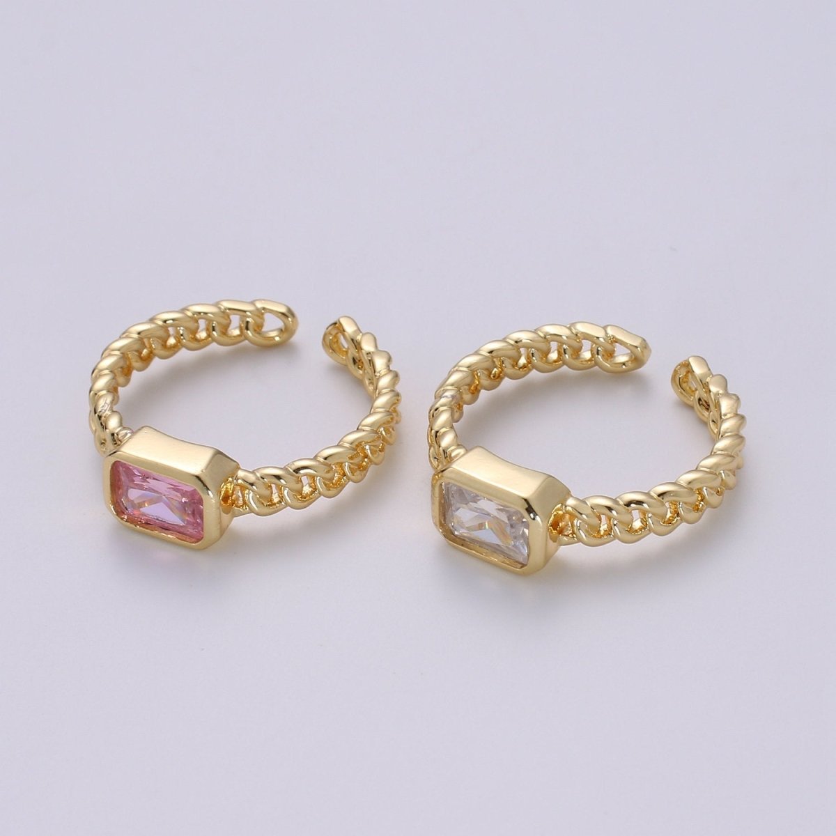 Chunky gemstone ring- cocktail gemstone ring - Chain Link ring - Bold Gold Open ring - Adjustable Gold band ring Clear Pink CZ Ring R-130 R-131 - DLUXCA