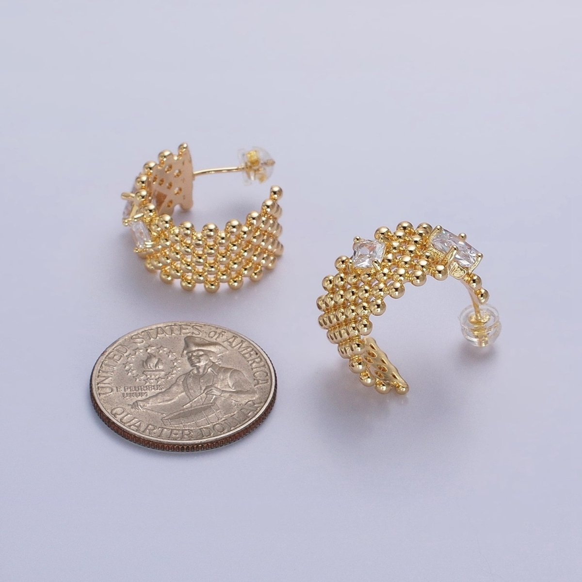 Chunky Gold Beaded Hoop with Clear Rhombus Cz Stone Earring AB598 AB976 - DLUXCA