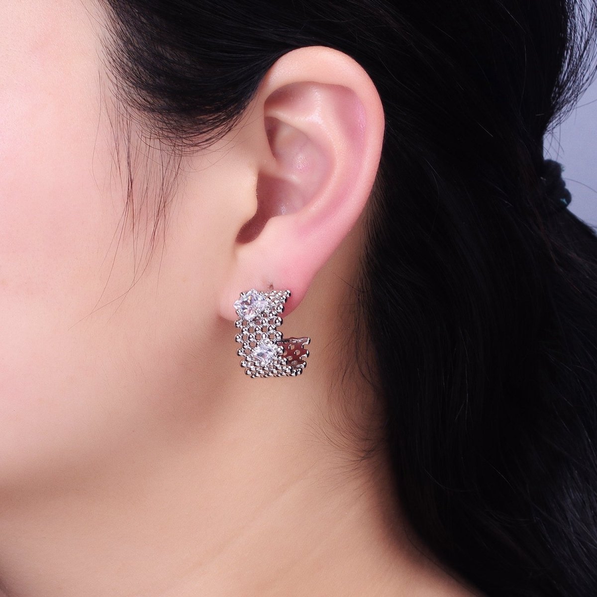 Chunky Gold Beaded Hoop with Clear Rhombus Cz Stone Earring AB598 AB976 - DLUXCA