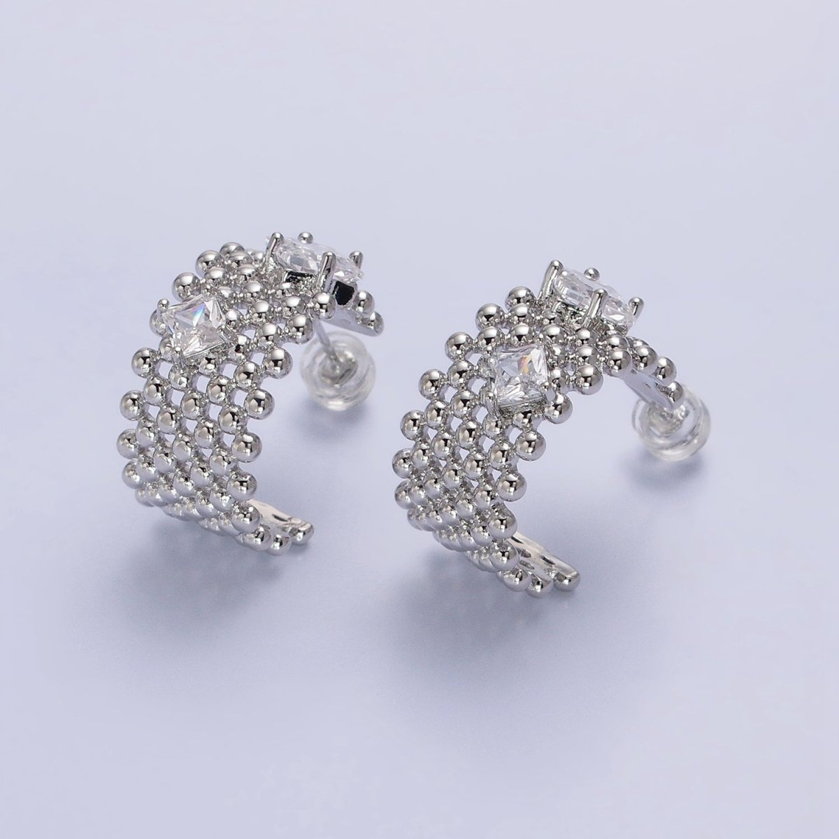 Chunky Gold Beaded Hoop with Clear Rhombus Cz Stone Earring AB598 AB976 - DLUXCA