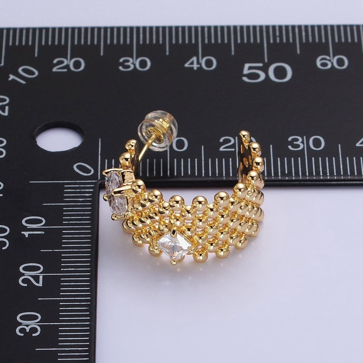 Chunky Gold Beaded Hoop with Clear Rhombus Cz Stone Earring AB598 AB976 - DLUXCA