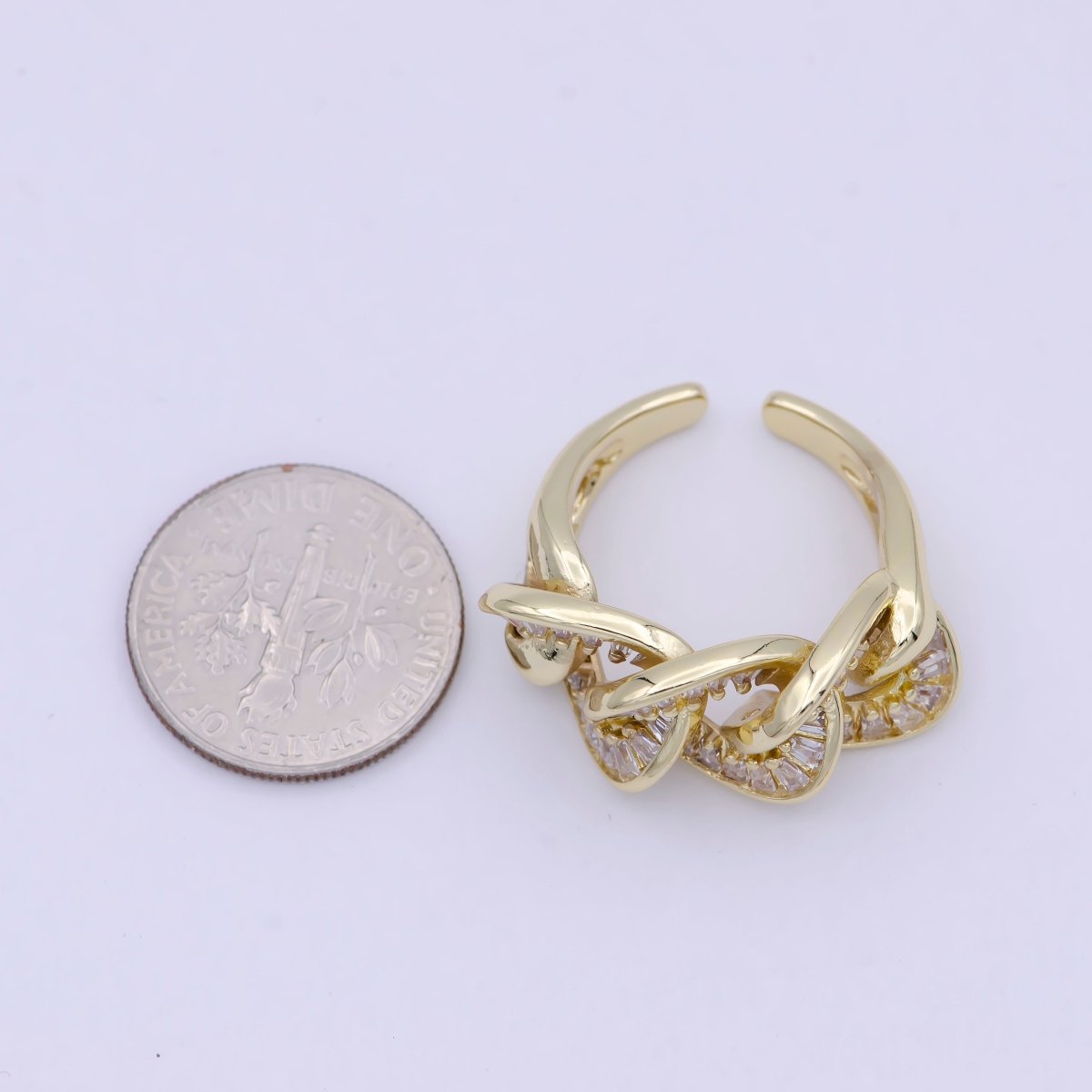 Chunky Gold Cable Link Ring Clear Cz Ring Open Adjustable Jewelry S-378 - DLUXCA