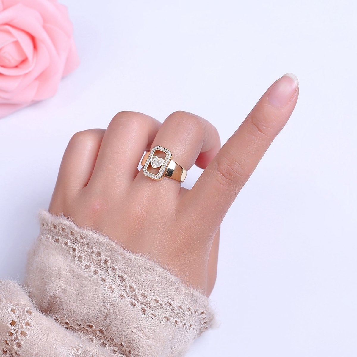 Chunky Gold Heart ring CZ Heart ring, trendy heart ring, Silver heart ring, Big Tag Heart Jewelry O-2045 O-2046 - DLUXCA