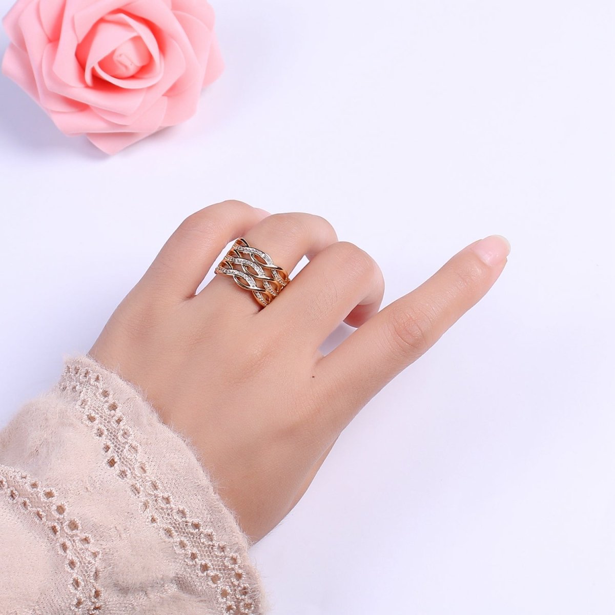 Chunky Gold Swirl Lines Ring CZ Statement Jewelry Crossover Ring U-109~U-112 - DLUXCA