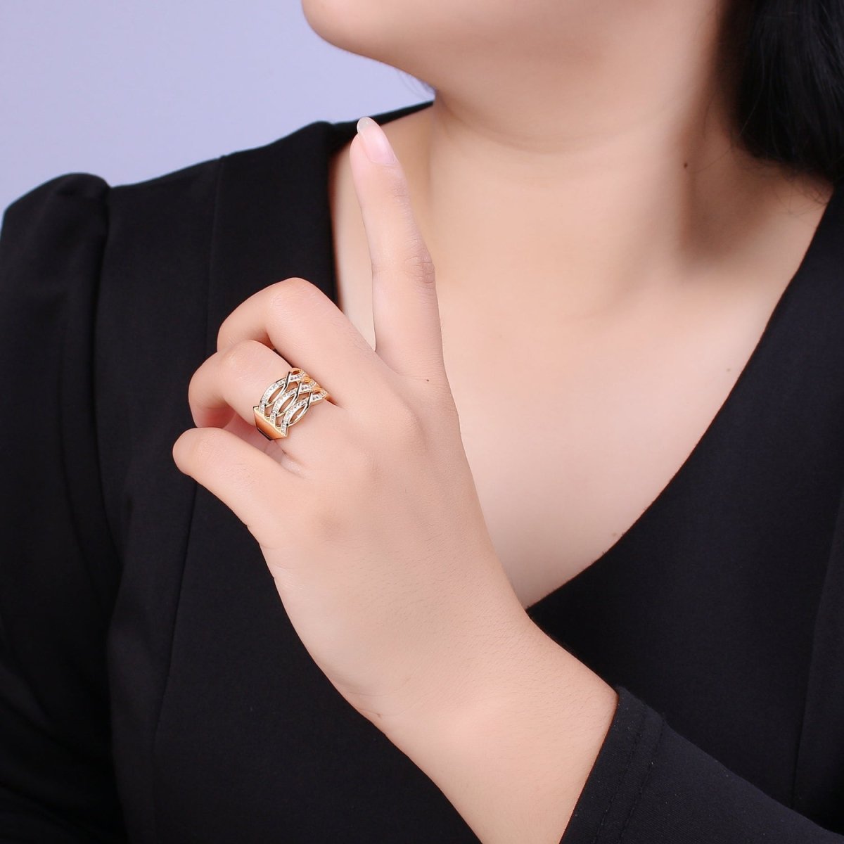 Chunky Gold Swirl Lines Ring CZ Statement Jewelry Crossover Ring U-109~U-112 - DLUXCA