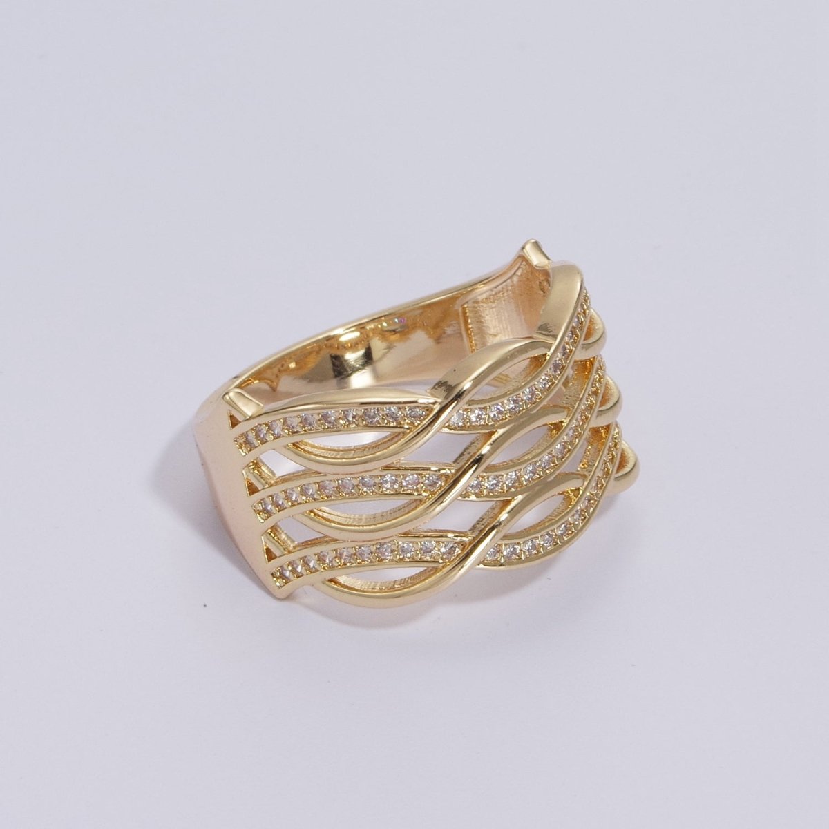 Chunky Gold Swirl Lines Ring CZ Statement Jewelry Crossover Ring U-109~U-112 - DLUXCA