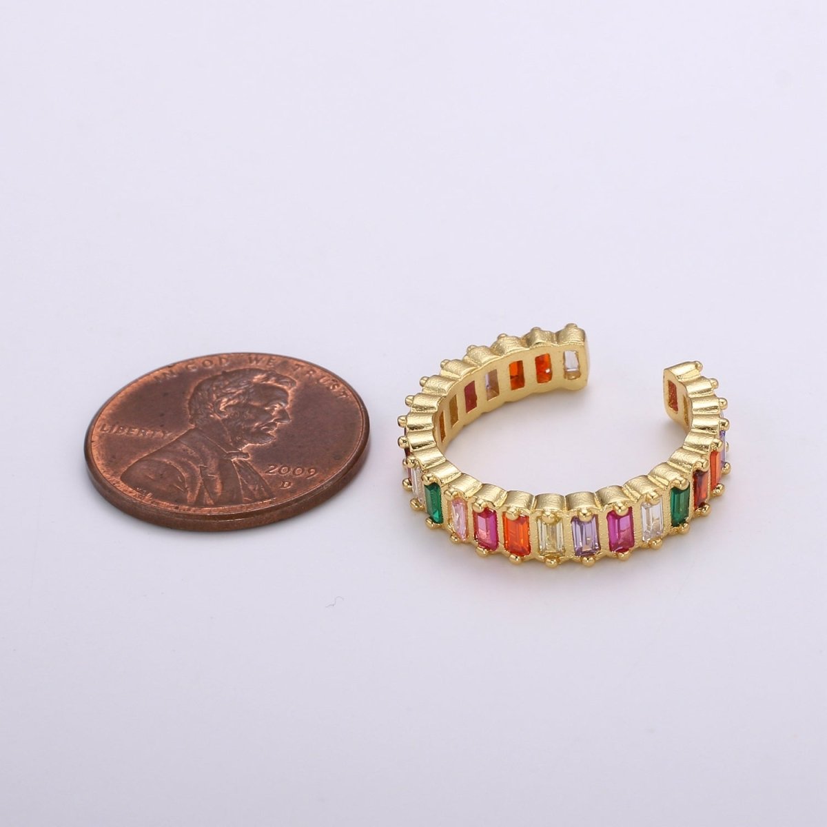Chunky Rainbow CZ 24k Gold Ring, Adjustable Gold Cubic Open Ring, Baguette Ring, Statement ring Zirconia Ring for DIY Jewelry R314 - DLUXCA