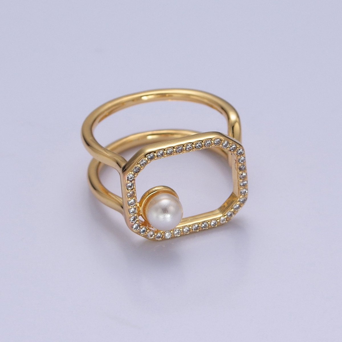 Chunky Square CZ Ring with Pearl Double Band Ring Open Adjustable O-2138 - DLUXCA