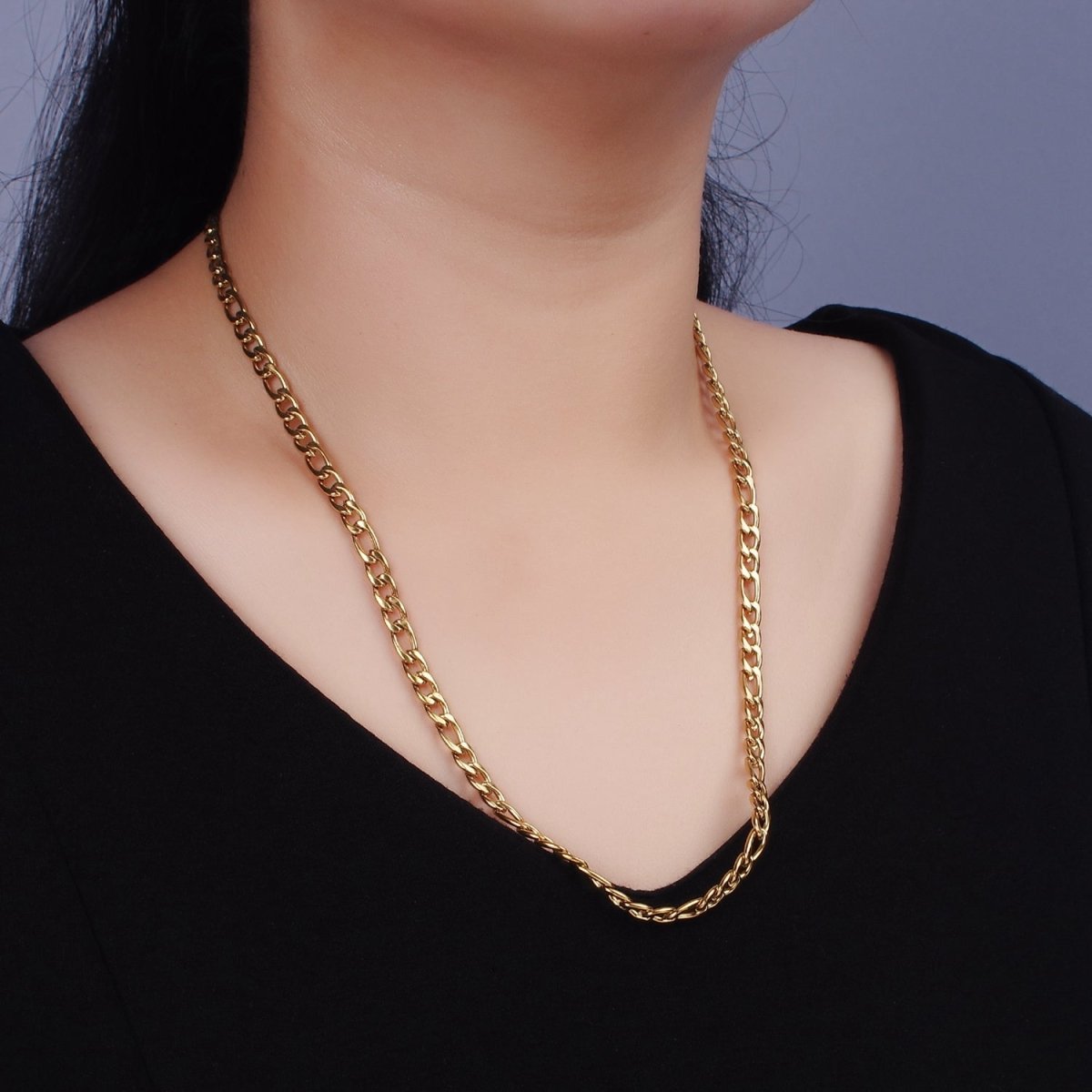 Chunky Stainless Steel 5mm Figaro 20 Inch, 22 Inch, 24 Inch Layering Chain Necklace | WA-2312 - WA-2314 Clearance Pricing - DLUXCA