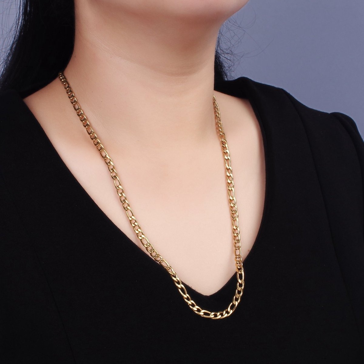 Chunky Stainless Steel 5mm Figaro 20 Inch, 22 Inch, 24 Inch Layering Chain Necklace | WA-2312 - WA-2314 Clearance Pricing - DLUXCA