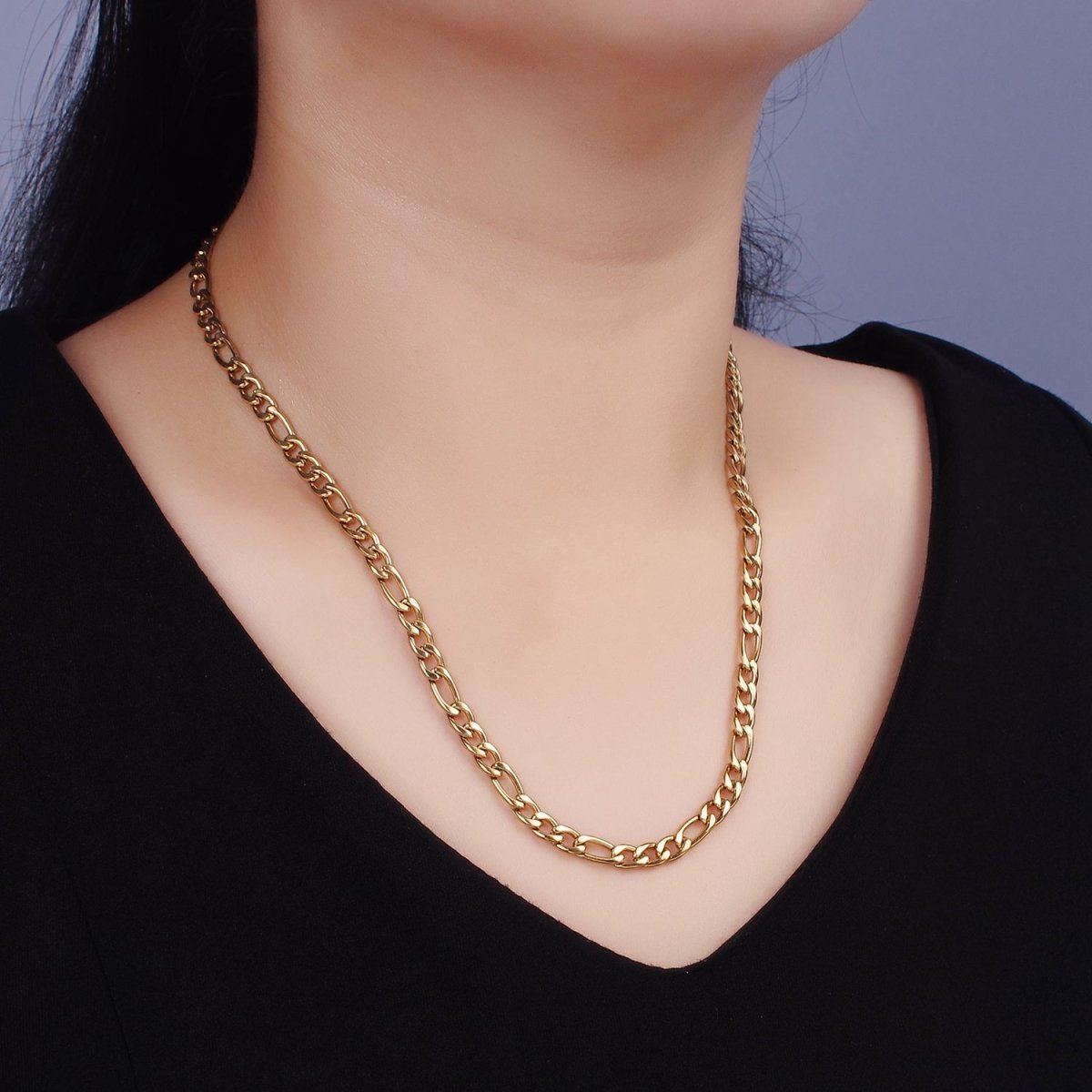 Chunky Stainless Steel 5mm Figaro 20 Inch, 22 Inch, 24 Inch Layering Chain Necklace | WA-2312 - WA-2314 Clearance Pricing - DLUXCA