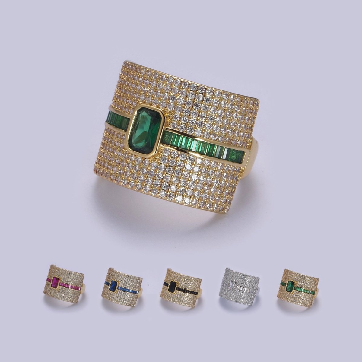 Chunky Statement Cubic Zirconia CZ Stone on 24K Gold Filled Micro Pave Adjustable Open Ring | U-448 ~ U-452 - DLUXCA