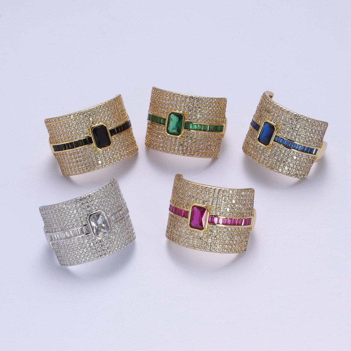 Chunky Statement Cubic Zirconia CZ Stone on 24K Gold Filled Micro Pave Adjustable Open Ring | U-448 ~ U-452 - DLUXCA