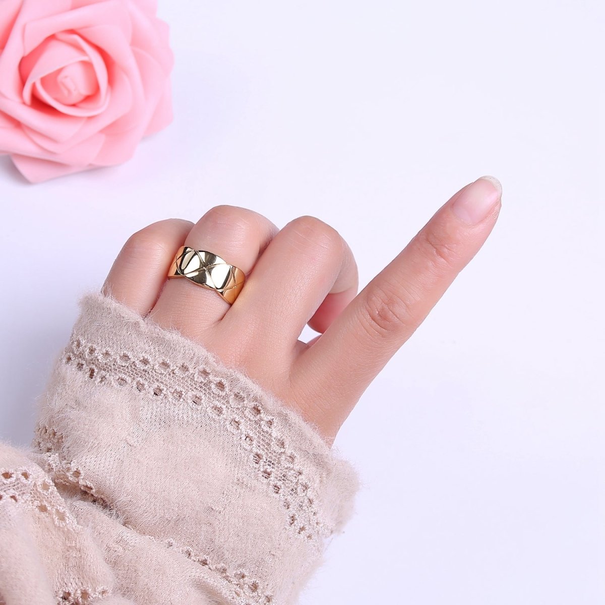 Chunky Wide Band-Thick Checkered Statement Ring-Chic Croissant Ring Bread Large Ring O-2042 - DLUXCA
