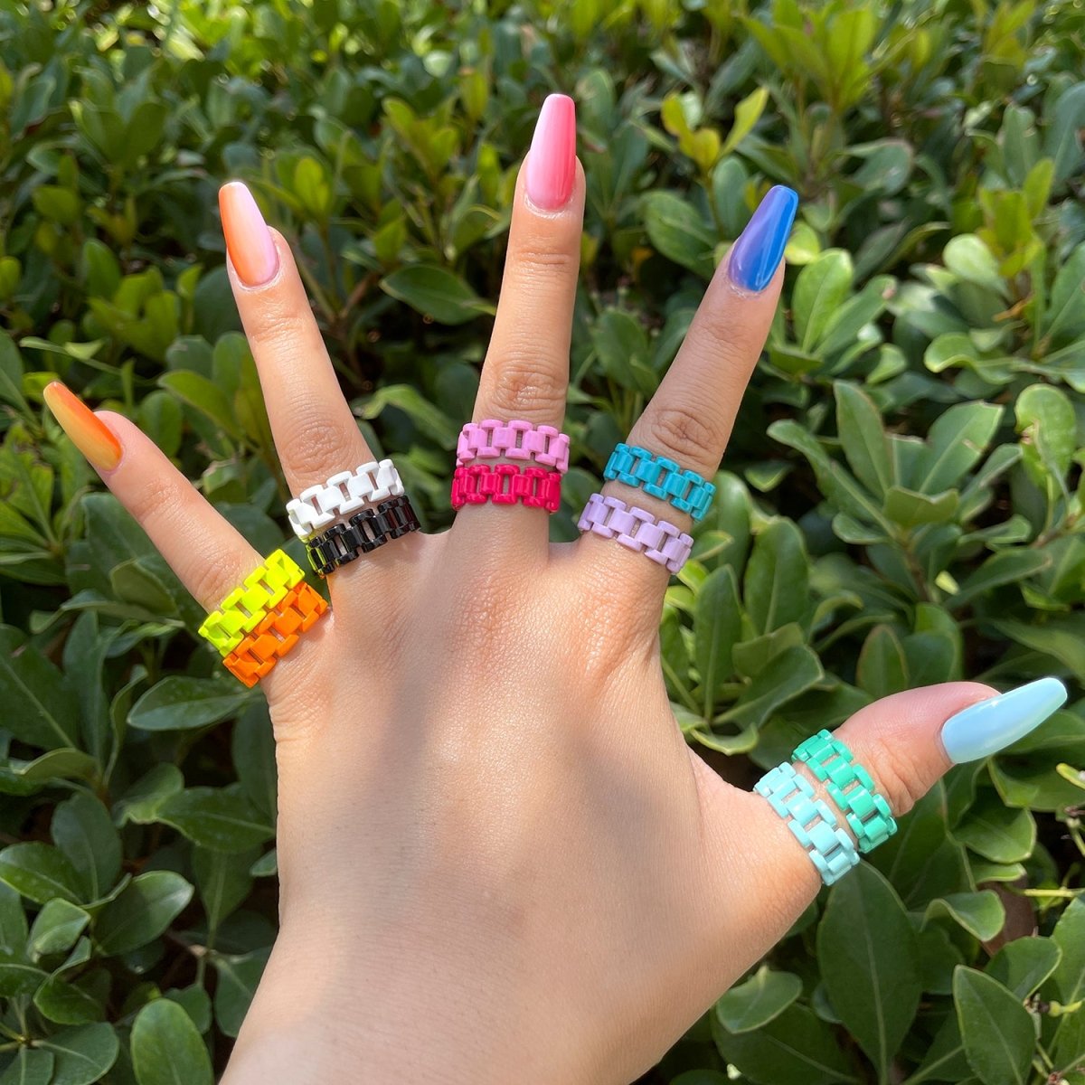 Chunky Y2K style retro ring Open Adjustable Colorful Watch Chain Link ring Summer Trend Rings Neon Enamel Chain for Fun Stackable Jewelryg Yellow Green Blue Purple Pink Teal Neon Ring Jewelry Size 6.5 - DLUXCA