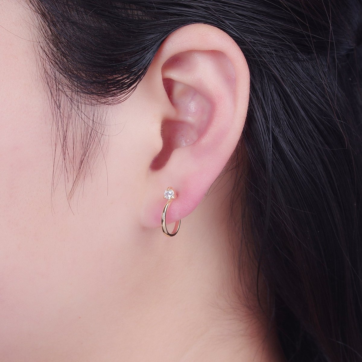 Classic Hoop Earring with CZ Stone Stud T-474 - DLUXCA