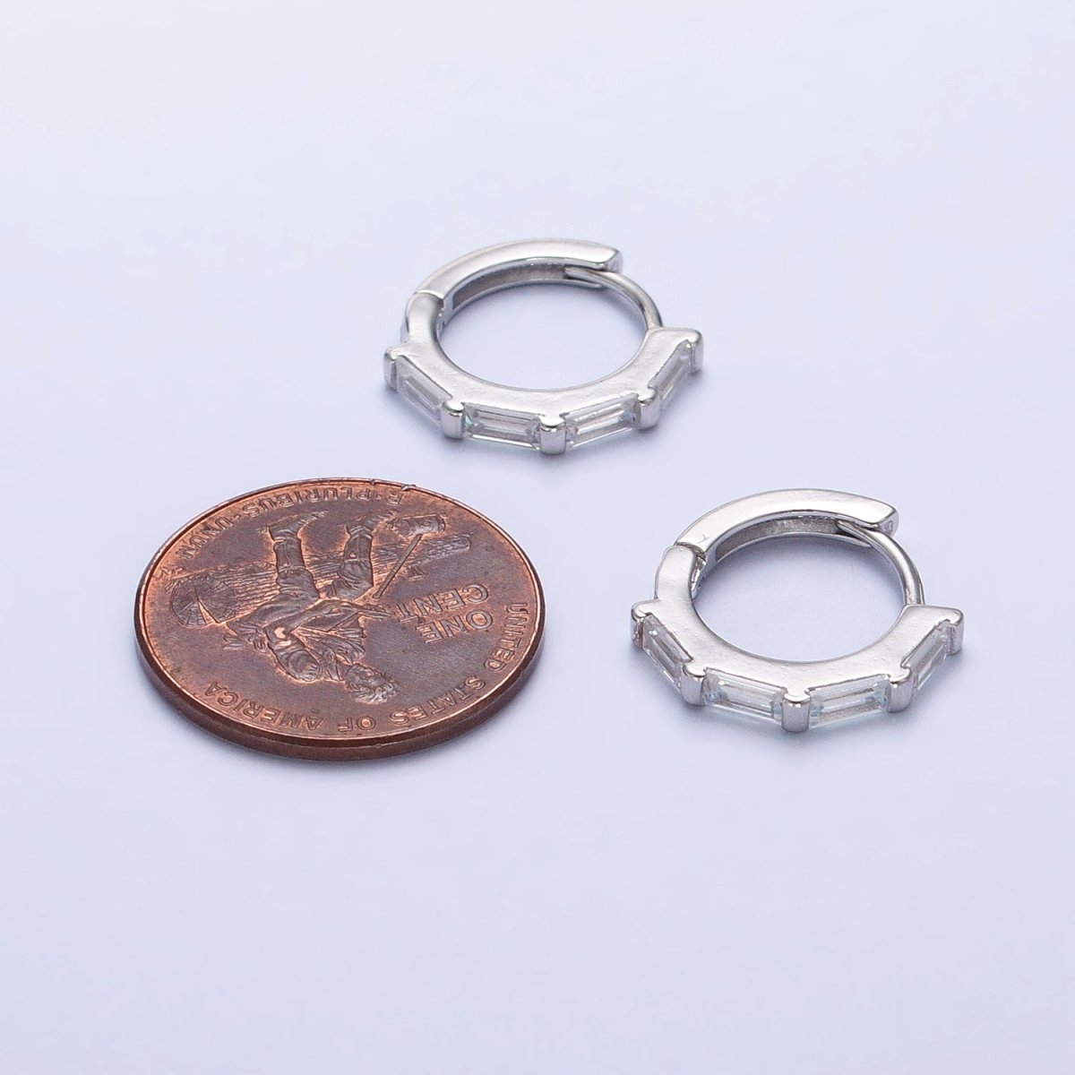 Clear Baguette Lined 14mm Silver Huggie Hoop Earrings | AB449 - DLUXCA