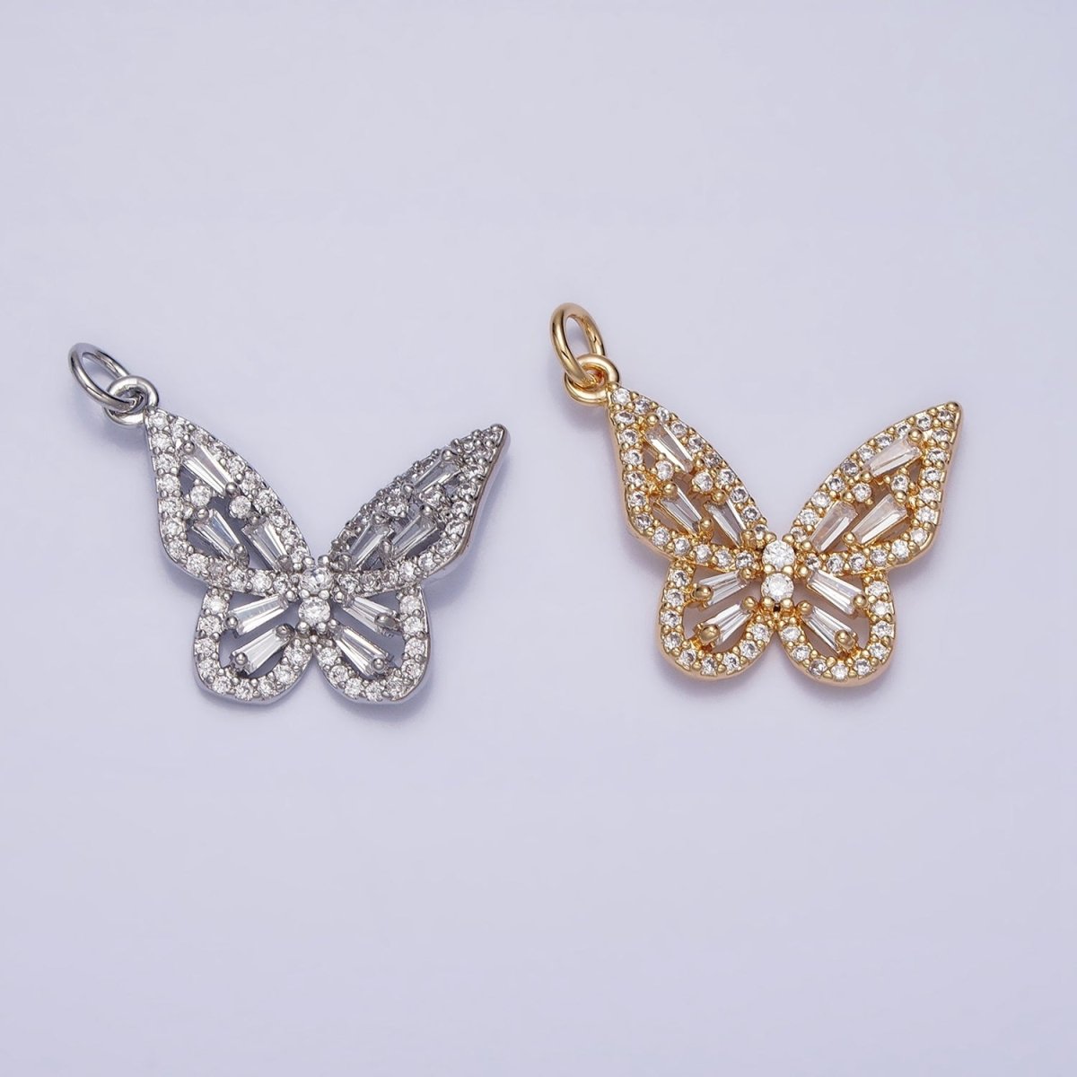 Clear Baguette Micro Paved CZ Butterfly Mariposa Add-On Charm in Silver & Gold | AC709 AC710 - DLUXCA