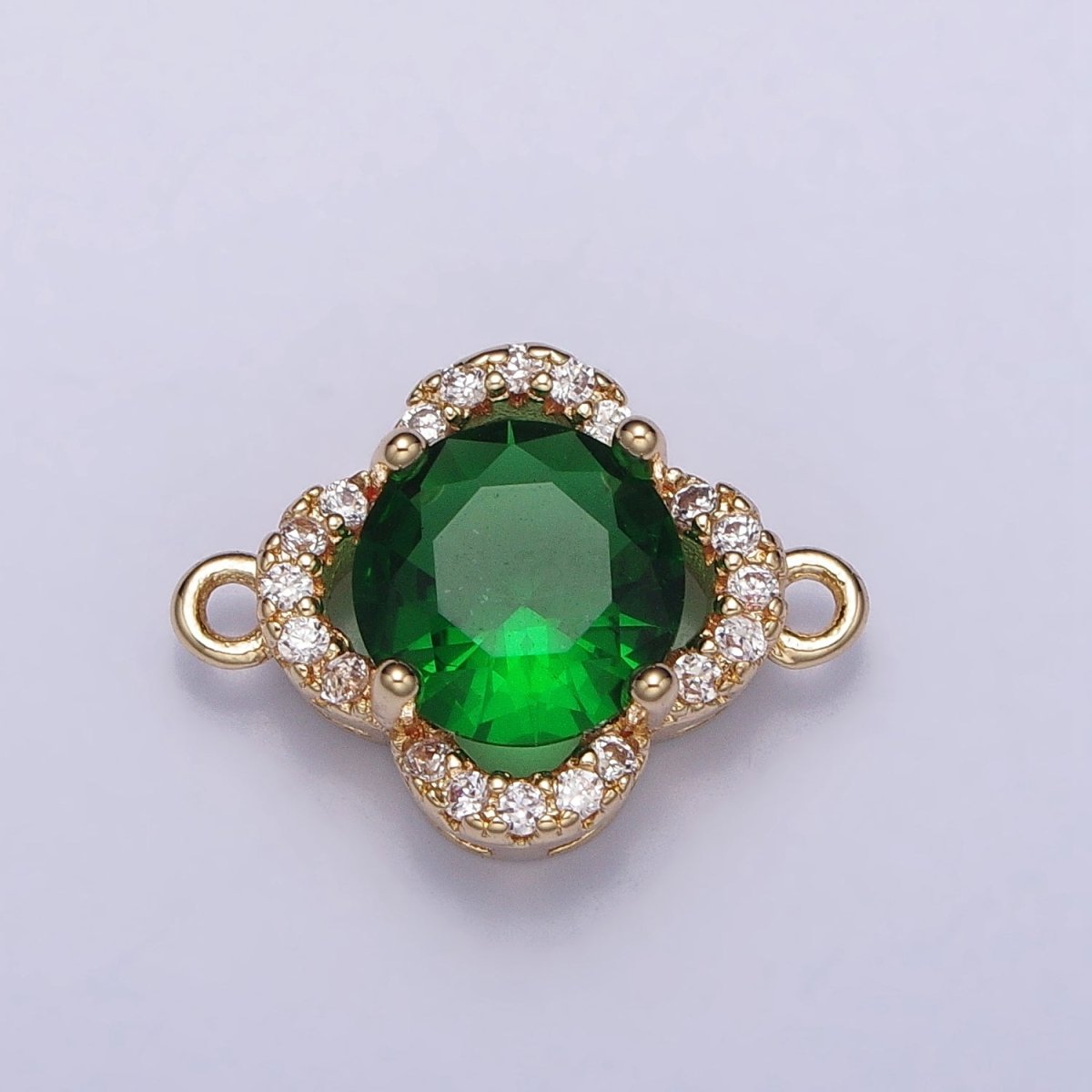 Clear, Blue, Red, Green Round CZ Micro Paved Quatrefoil Clover Gold Connector | AA-810 - AA-813 - DLUXCA