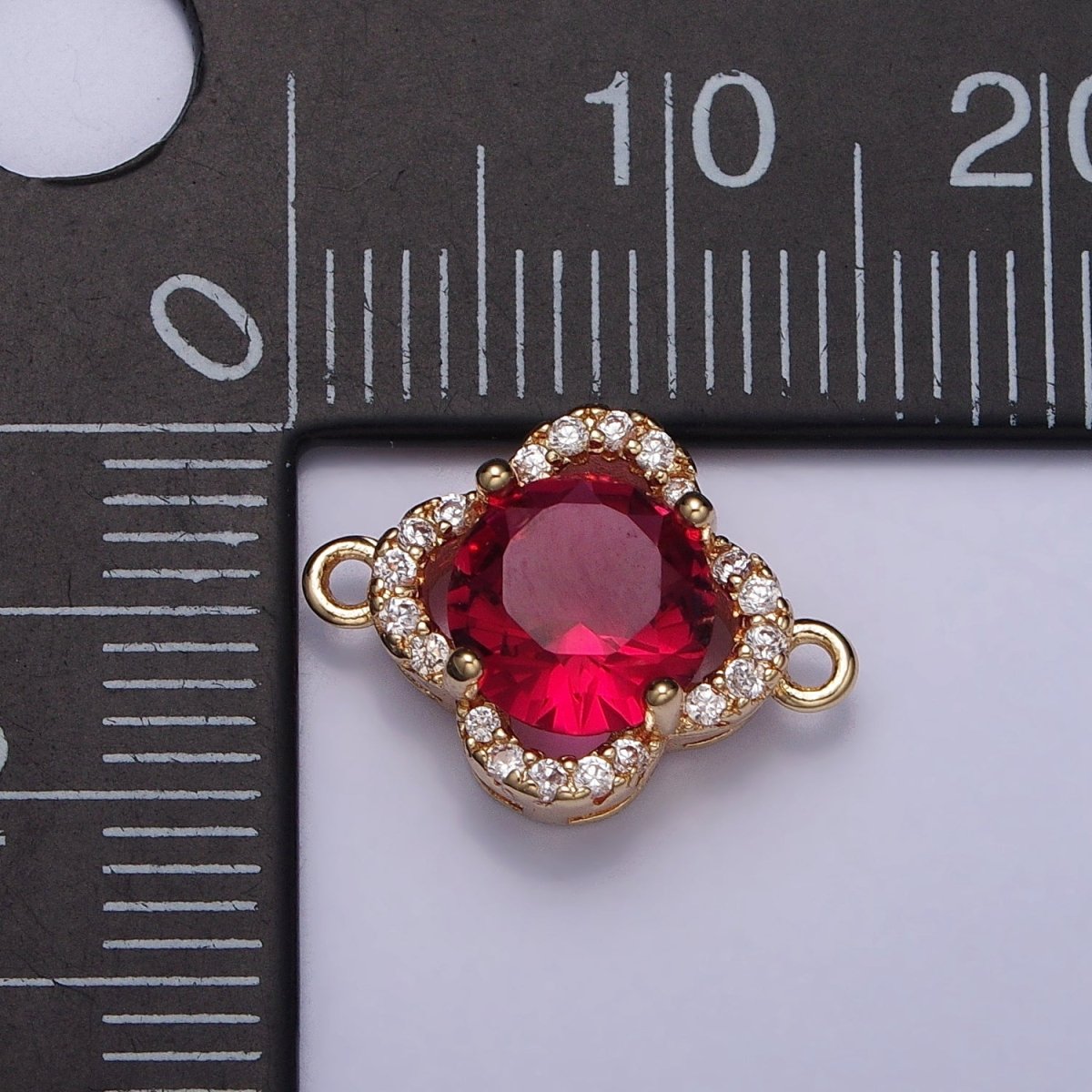 Clear, Blue, Red, Green Round CZ Micro Paved Quatrefoil Clover Gold Connector | AA-810 - AA-813 - DLUXCA