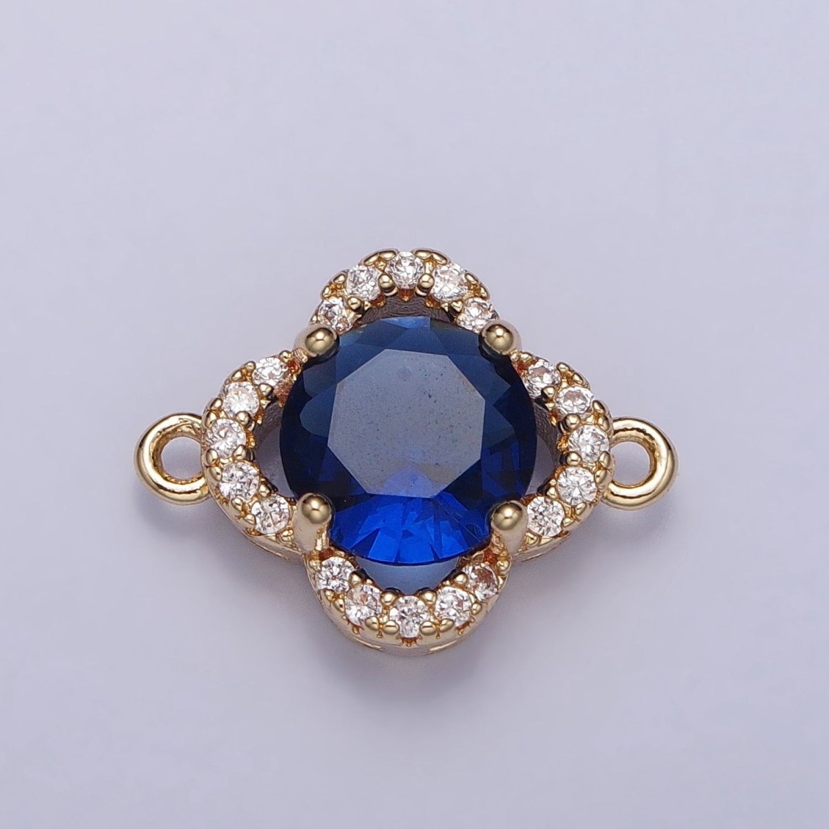 Clear, Blue, Red, Green Round CZ Micro Paved Quatrefoil Clover Gold Connector | AA-810 - AA-813 - DLUXCA