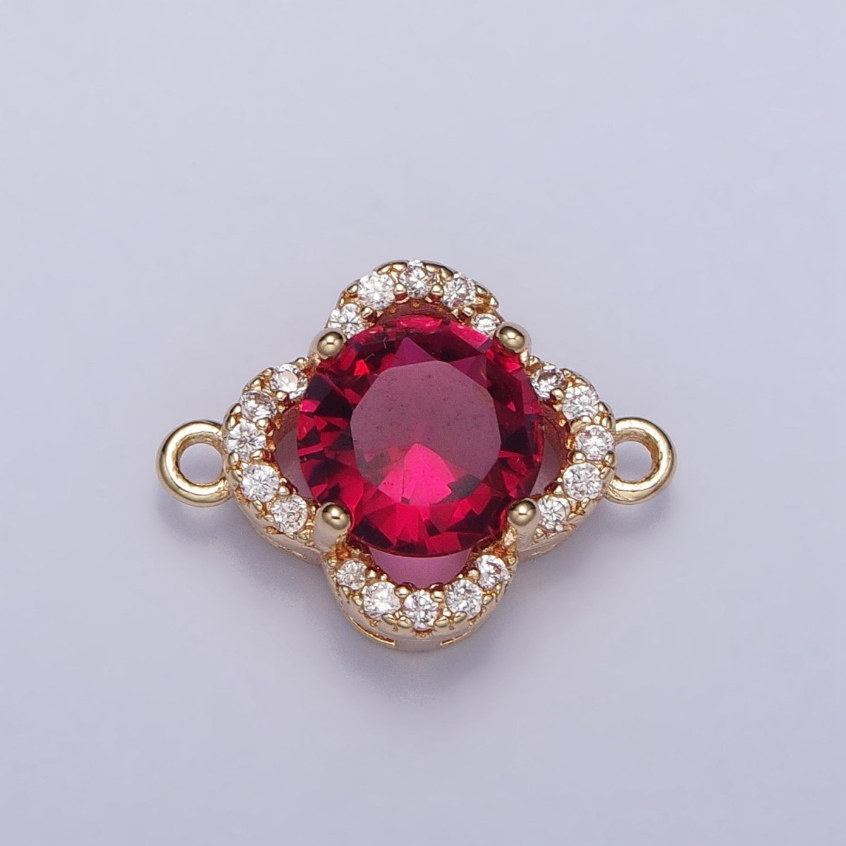 Clear, Blue, Red, Green Round CZ Micro Paved Quatrefoil Clover Gold Connector | AA-810 - AA-813 - DLUXCA