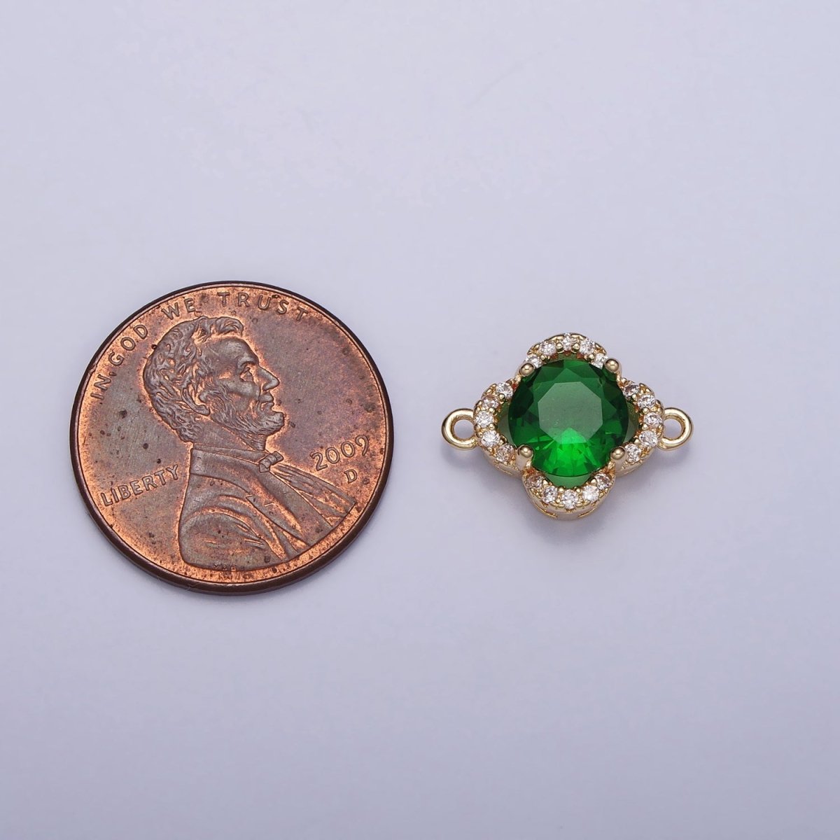 Clear, Blue, Red, Green Round CZ Micro Paved Quatrefoil Clover Gold Connector | AA-810 - AA-813 - DLUXCA