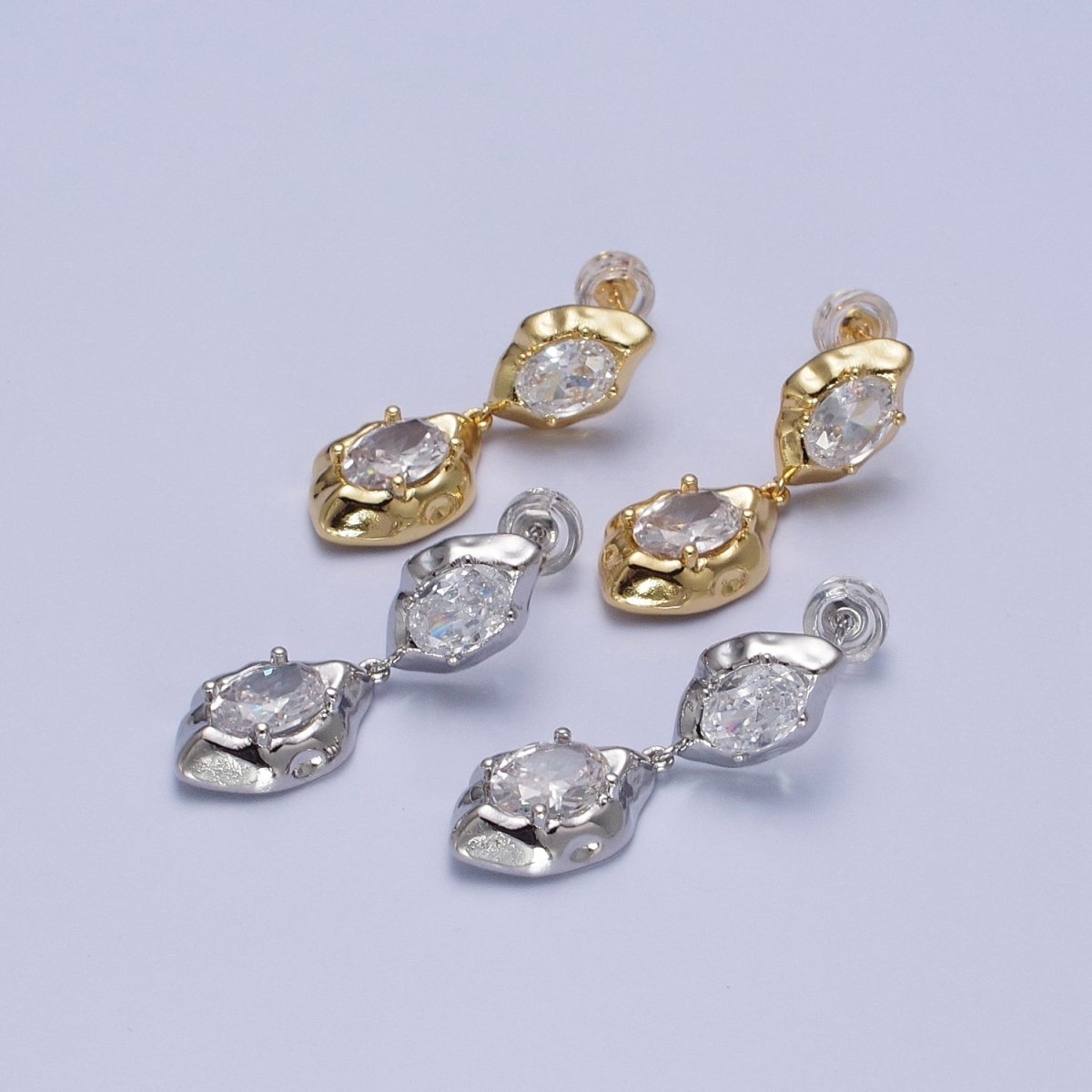 Clear Cubic Zirconia Abstract Drop Dangle Stud Earrings in Gold & Silver | AE1091 AE1092 - DLUXCA