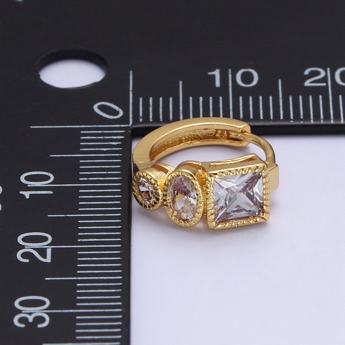 Clear Cubic Zirconia Triple Round Oval Square 14mmx15.8mm Huggie Hoop Earrings | X-854 - DLUXCA